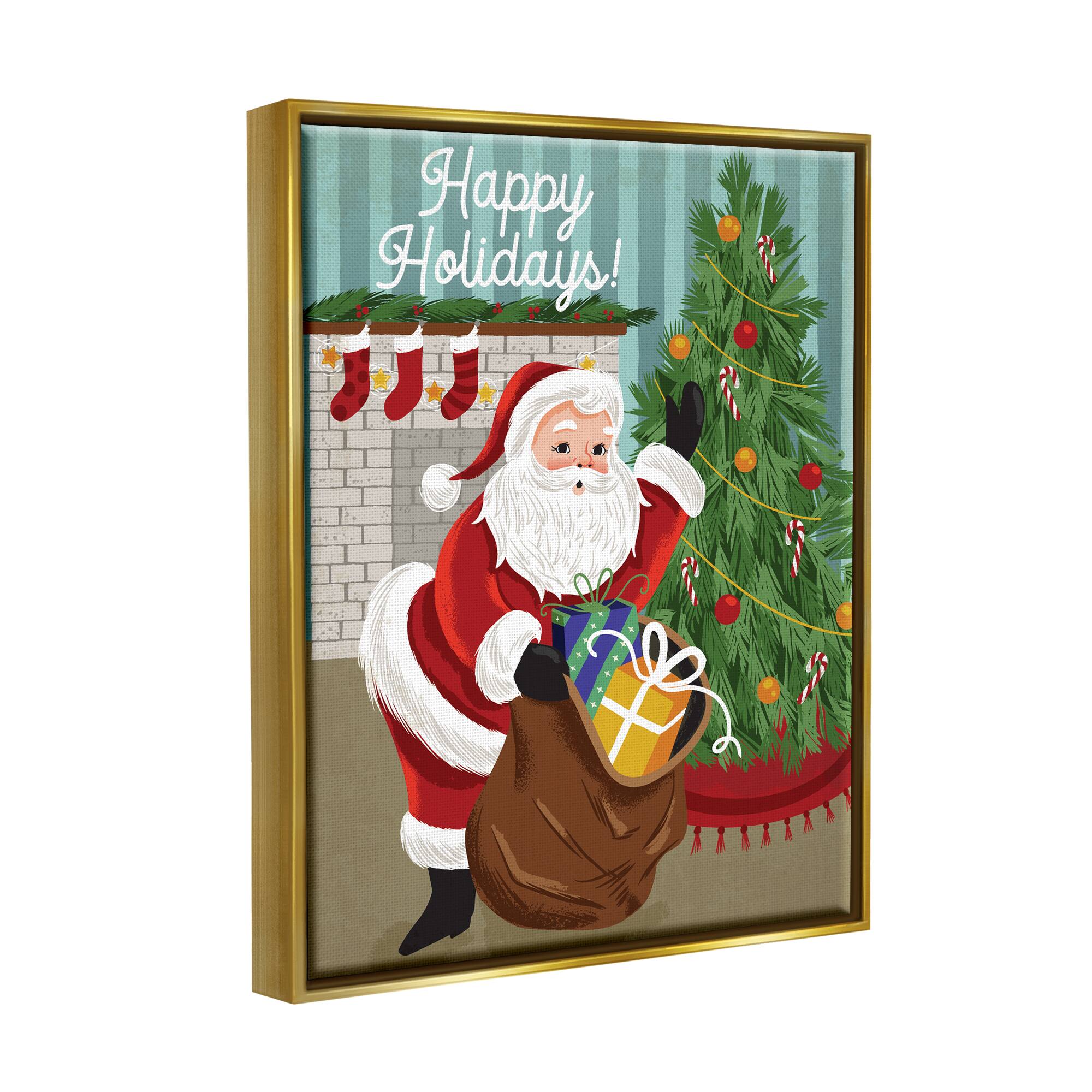 Stupell Industries Happy Holidays Santa Gift Bag Framed Floater Canvas Wall Art