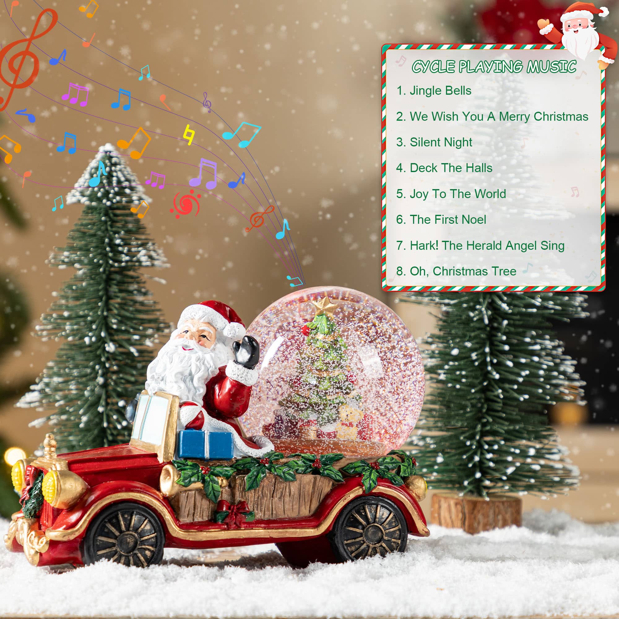 Glitzhome&#xAE; 100mm Christmas Resin Lighted Musical Snowflakes Santa Car Waterglobe