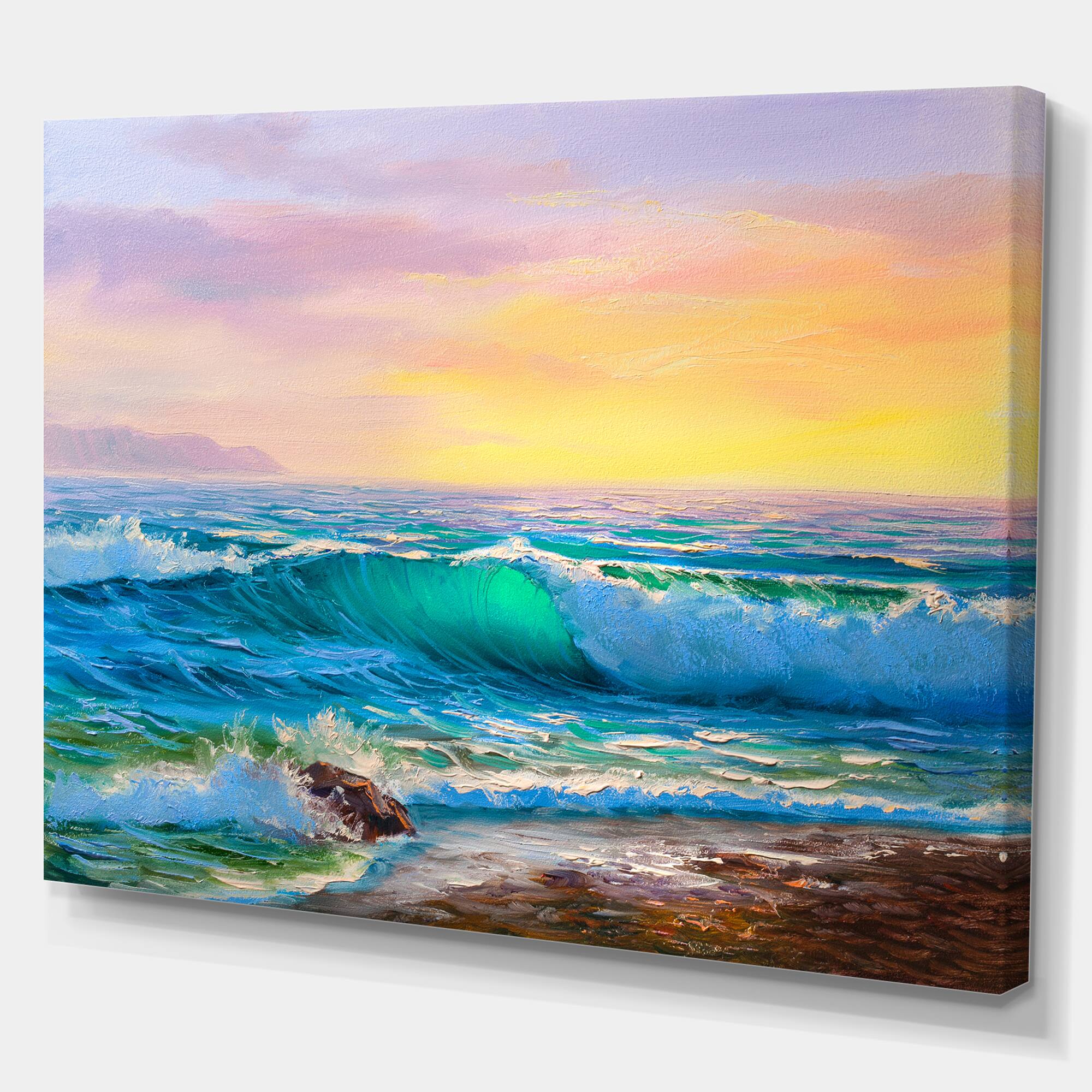 Designart - Sunsets over ocean waves - Sea &#x26; Shore Painting Print on Wrapped Canvas