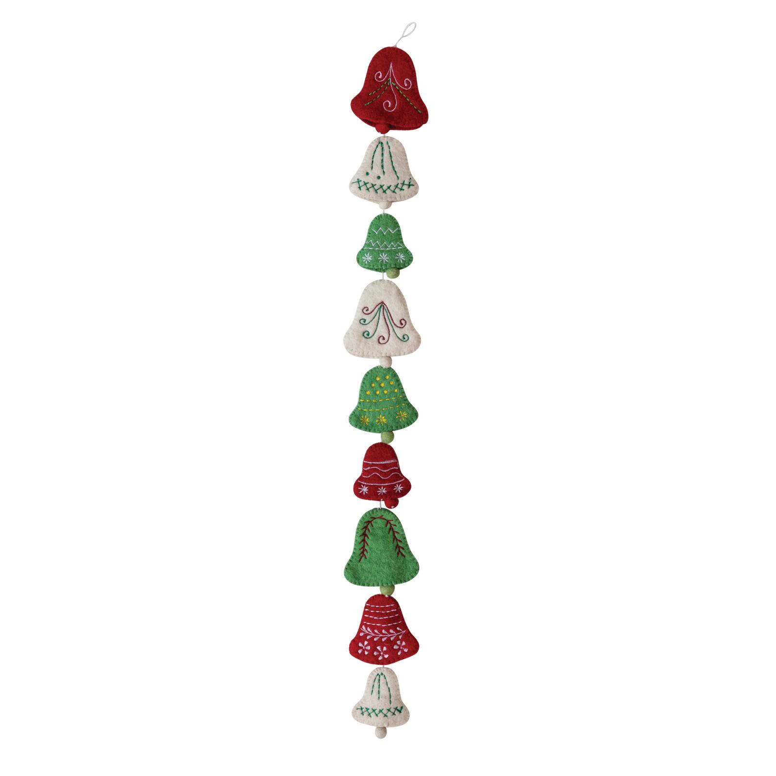 Hello Honey&#xAE; 6ft. Cream, Red &#x26; Green Handmade Wool Felt Embroidered Bells Garland