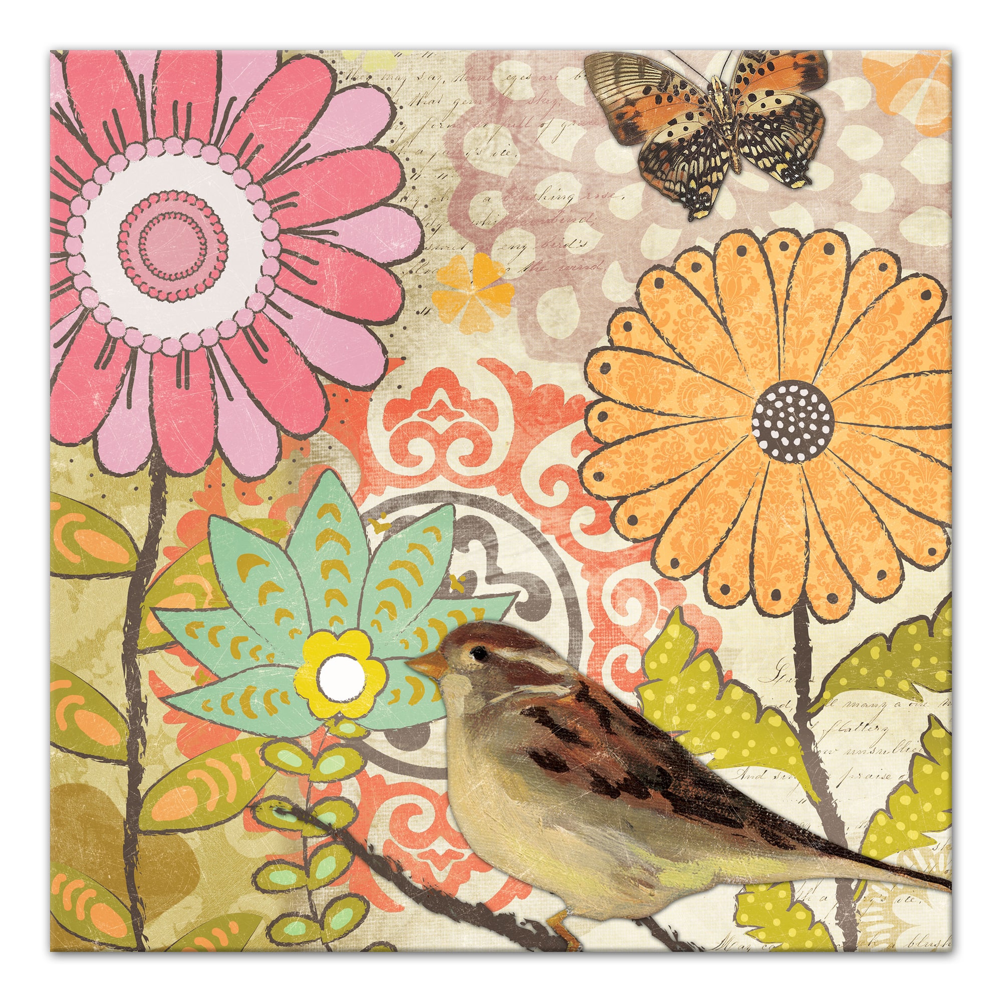 Flower Medallions With Bird 20" x 20" Canvas Wall Art