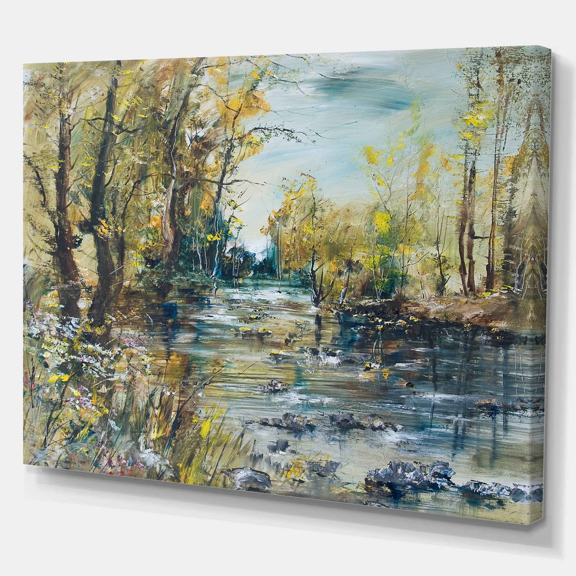 Designart - Rocky River in the Forest - Landscapes Painting Print on Wrapped Canvas