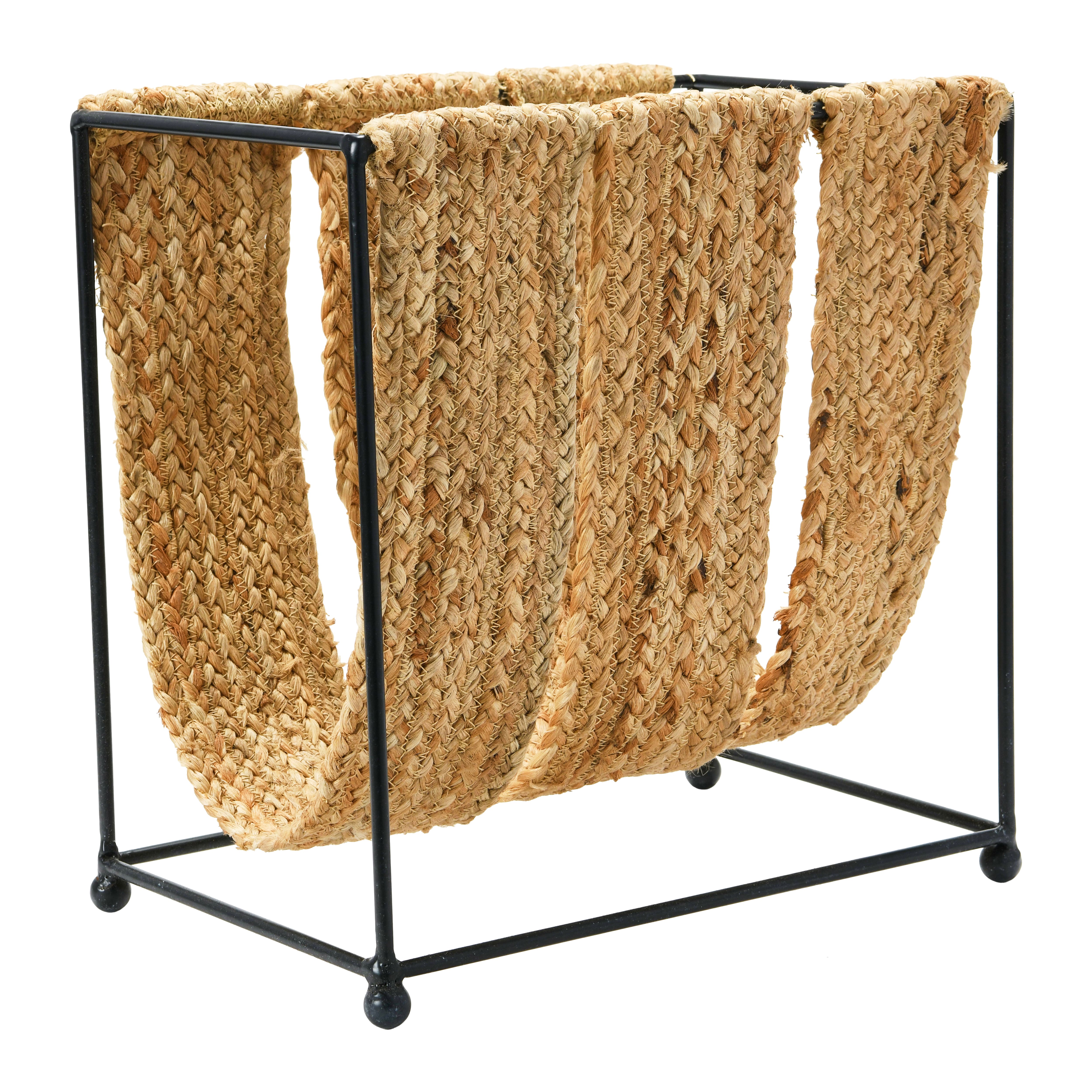 Natural &#x26; Black Woven Jute &#x26; Metal Magazine Holder