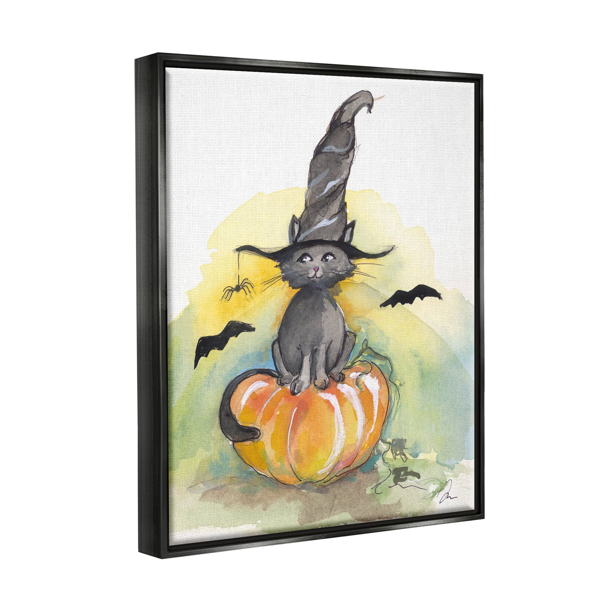 Stupell Industries Witch Cat on Pumpkin Framed Floater Canvas Wall Art