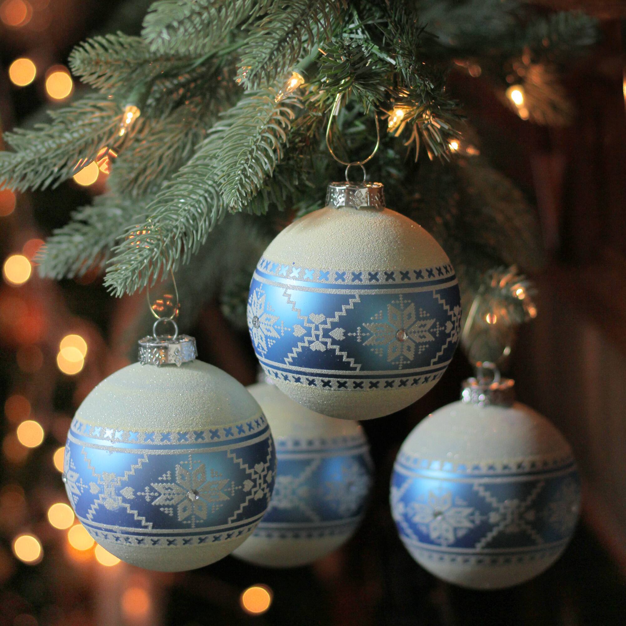4ct. 4" Blue & White Nordic Fair Isle Glass Ball Ornaments