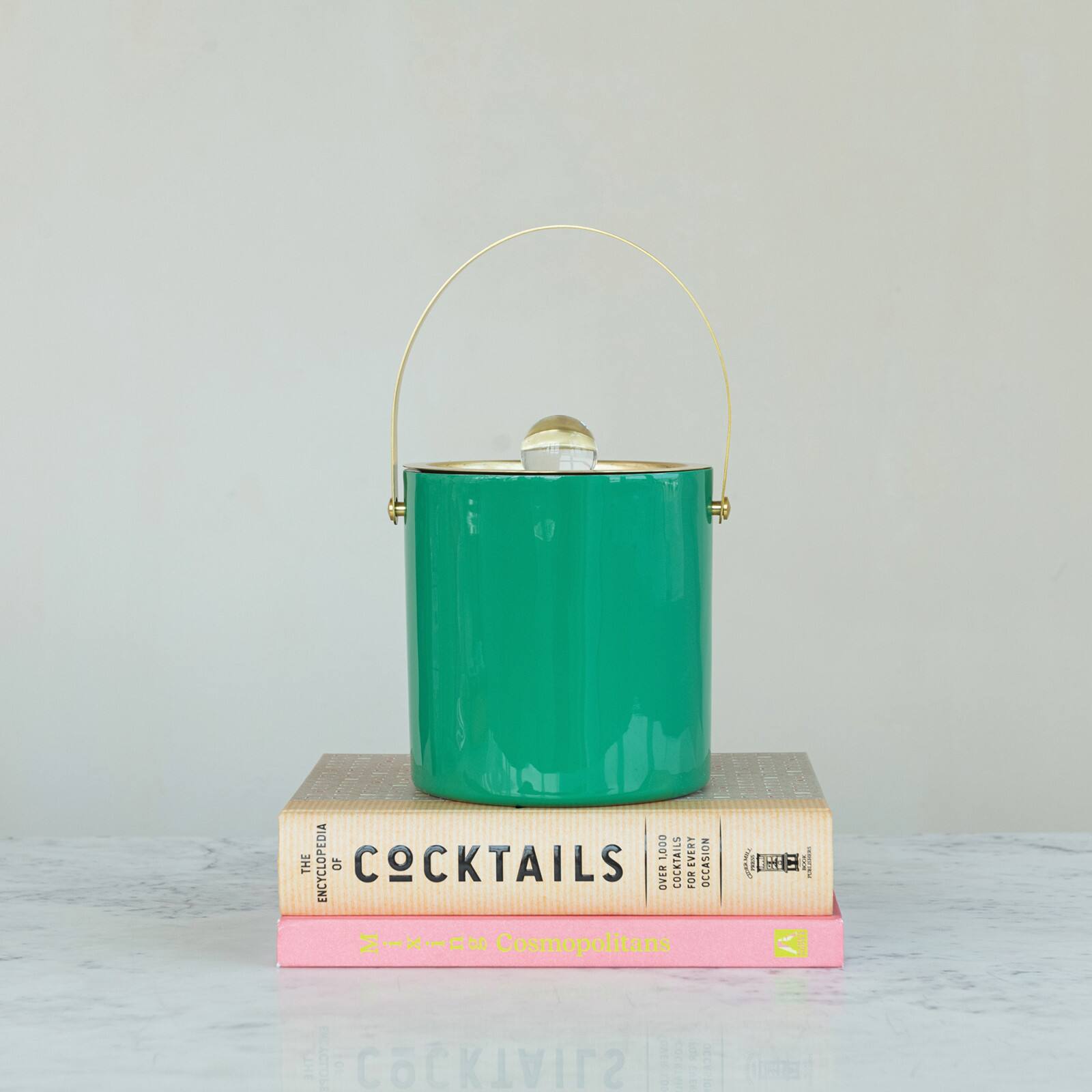 Hello Honey 1.5-Quart Enameled Stainless Steel Ice Bucket with Lid and Glass Knob, Gold Finish and Turquoise Color