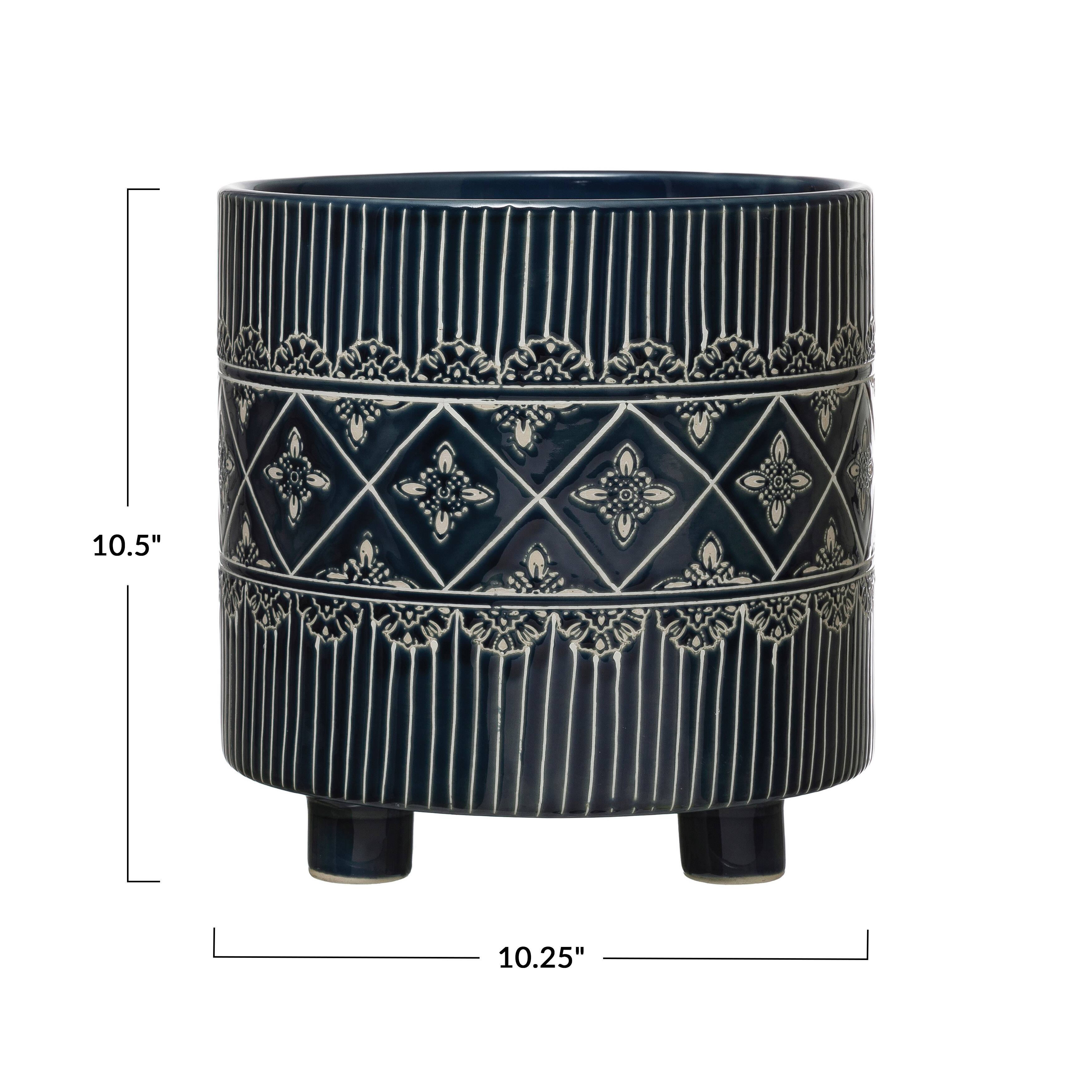 Hello Honey® 11" Blue & White Debossed Stoneware Footed Planter