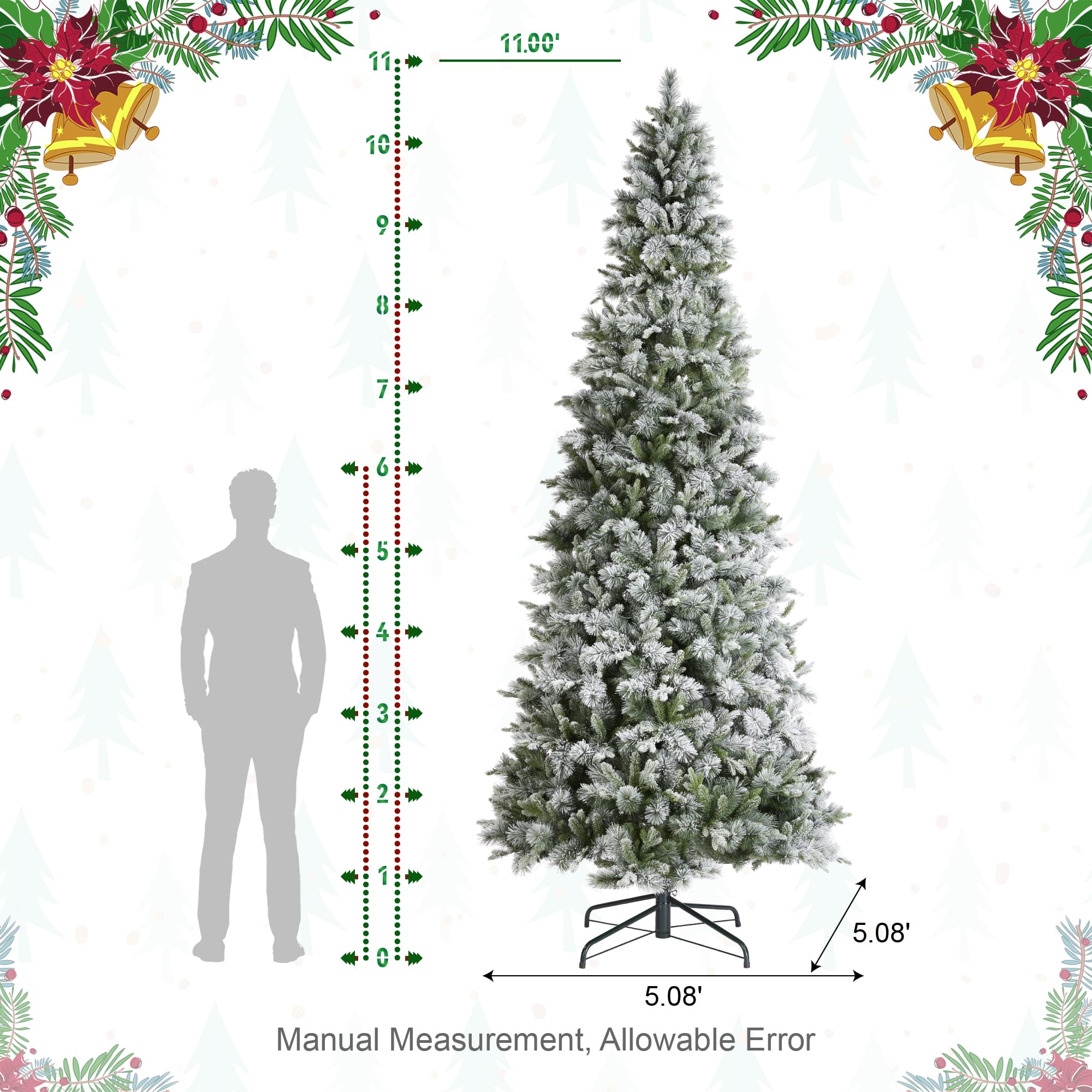 Glitzhome® 11ft Pre-Lit Flocked Slim Pine Artificial Christmas Tree, Warm White LED Lights