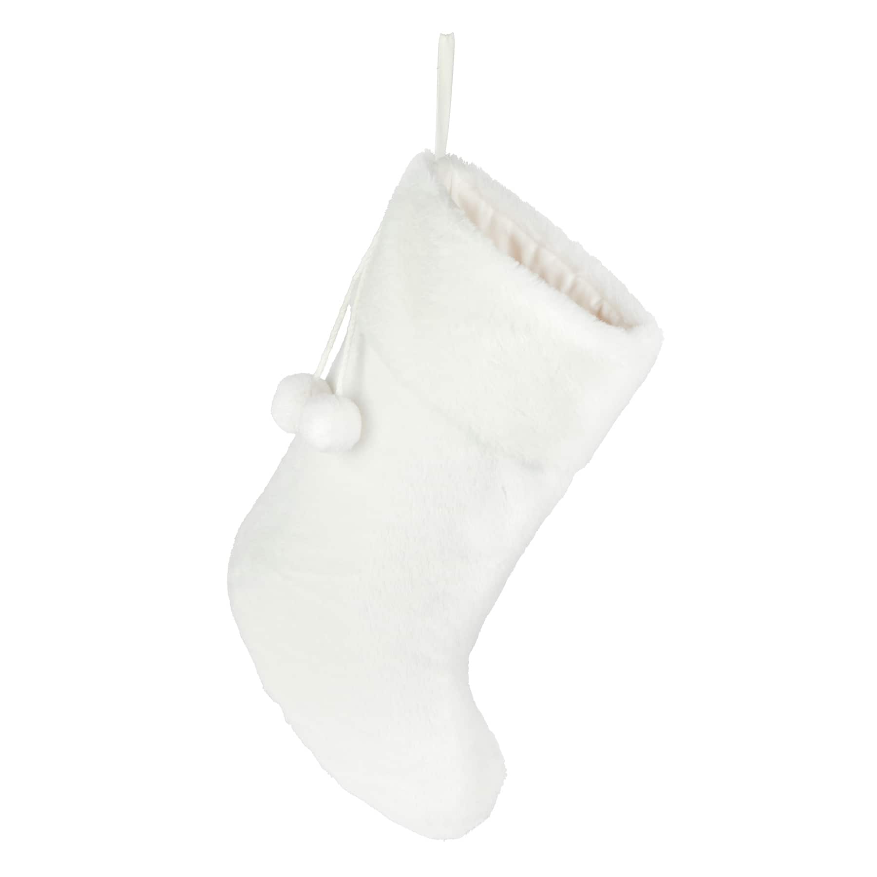 20&#x22; White Faux Fur Stocking with Pom Poms by Ashland&#xAE;