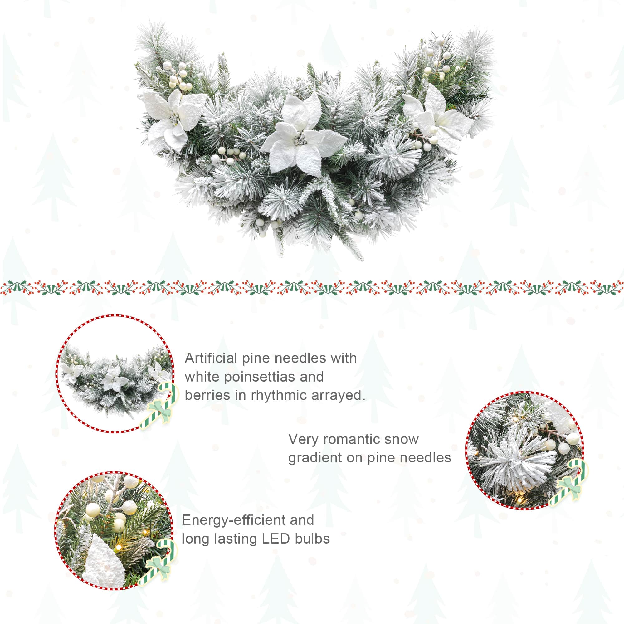 Glitzhome® 36" Pre-Lit Flocked Greenery Pine White Poinsettia & Berry Christmas Swag with Timer