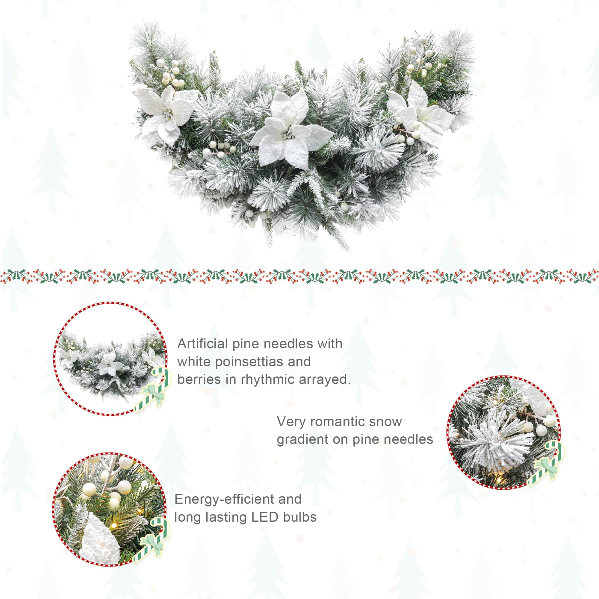 Glitzhome&#xAE; 36&#x22; Pre-Lit Flocked Greenery Pine White Poinsettia &#x26; Berry Christmas Swag with Timer