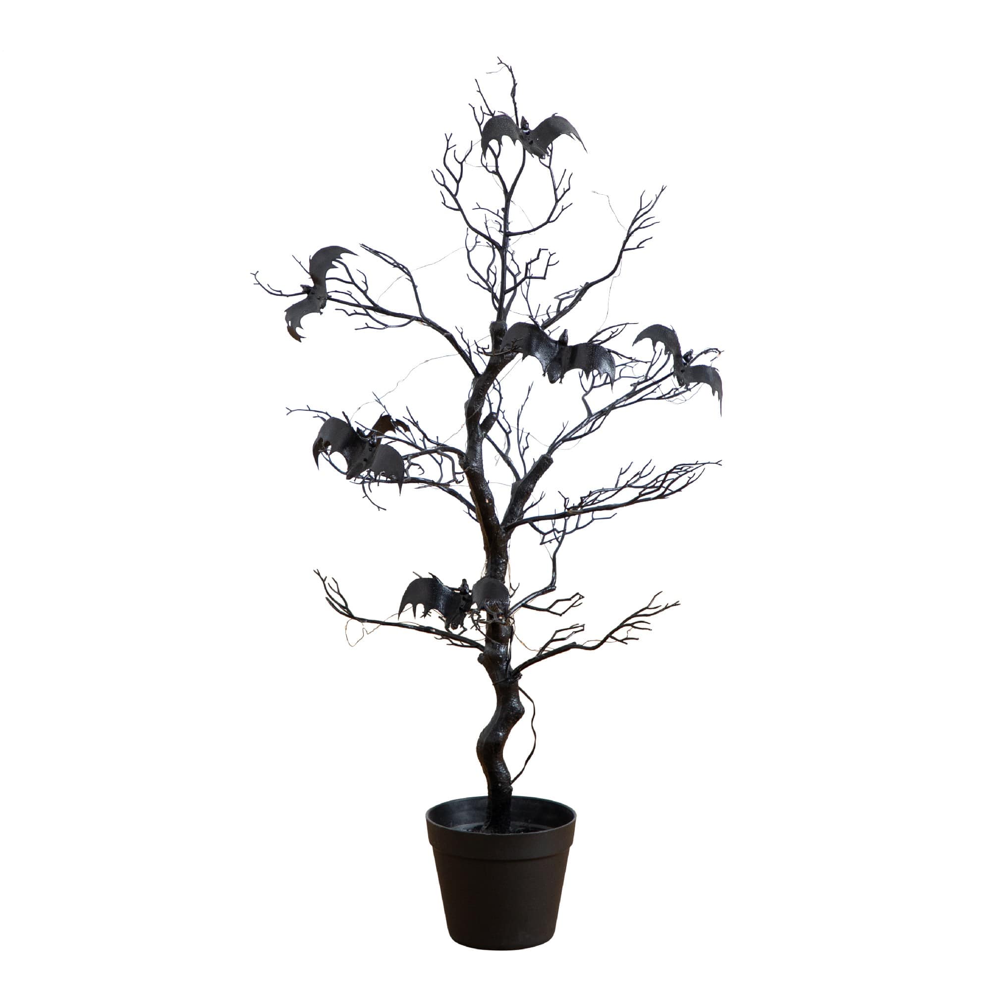 3ft. Pre-Lit Artificial Halloween Black Spooky Twig Tree with Bats and 100 Orange &#x26; Purple LED Lights
