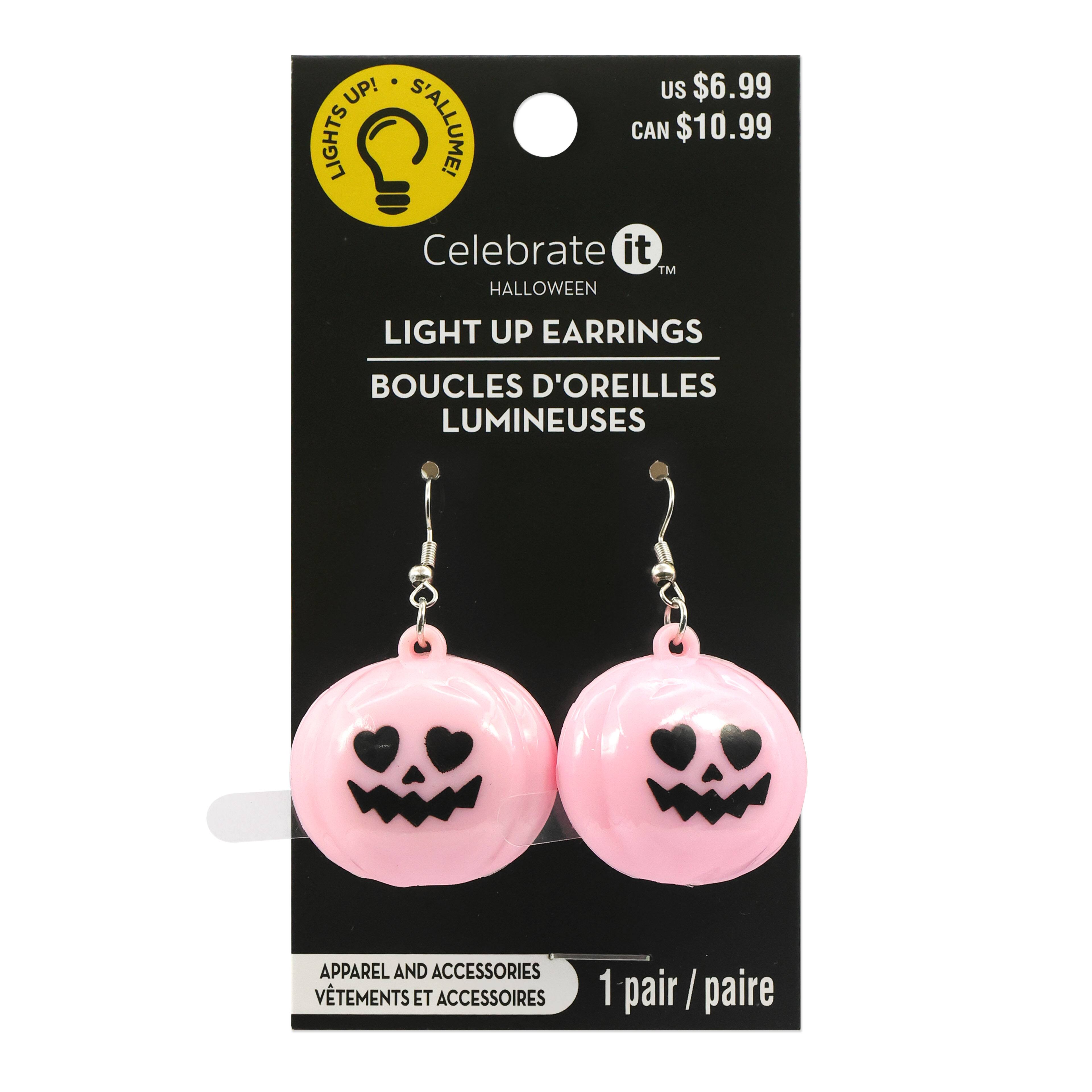 Pink Light Up Heart-Eye Jack-o&#x27;-Lantern Dangle Earrings by Celebrate It&#x2122;
