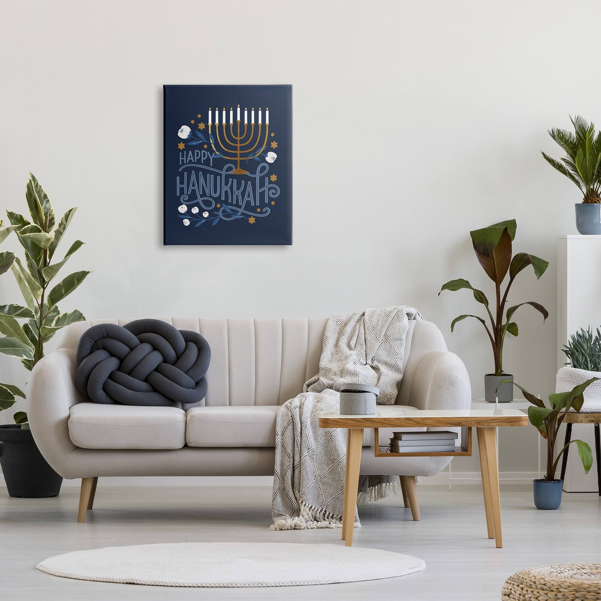 Stupell Industries Happy Hanukkah Traditional Menorah Symbols Canvas Wall Art