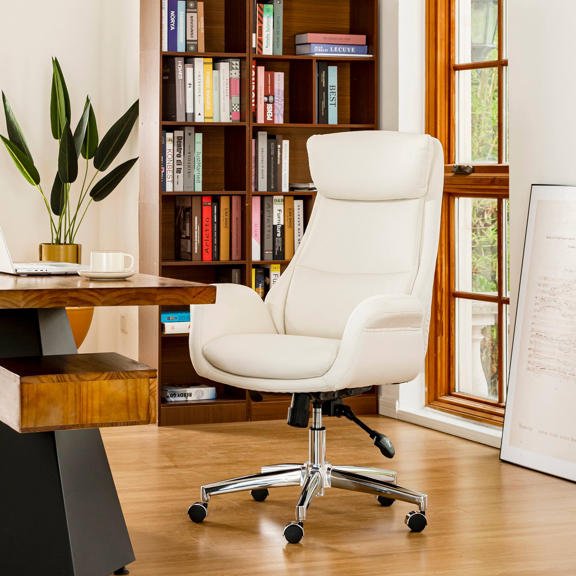 Glitzhome&#xAE; Mid-Century Modern Faux Leather Adjustable High Back Swivel Office Chair