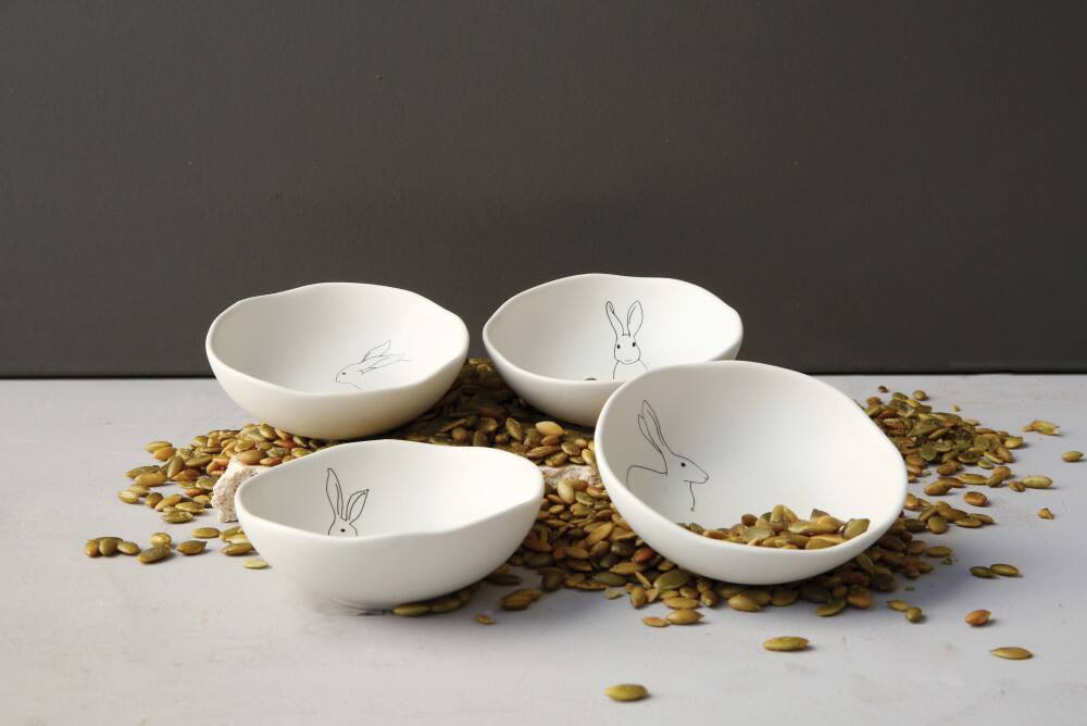 Hello Honey® 4" White Ceramic Rabbit Drawings Bowls, 4ct.