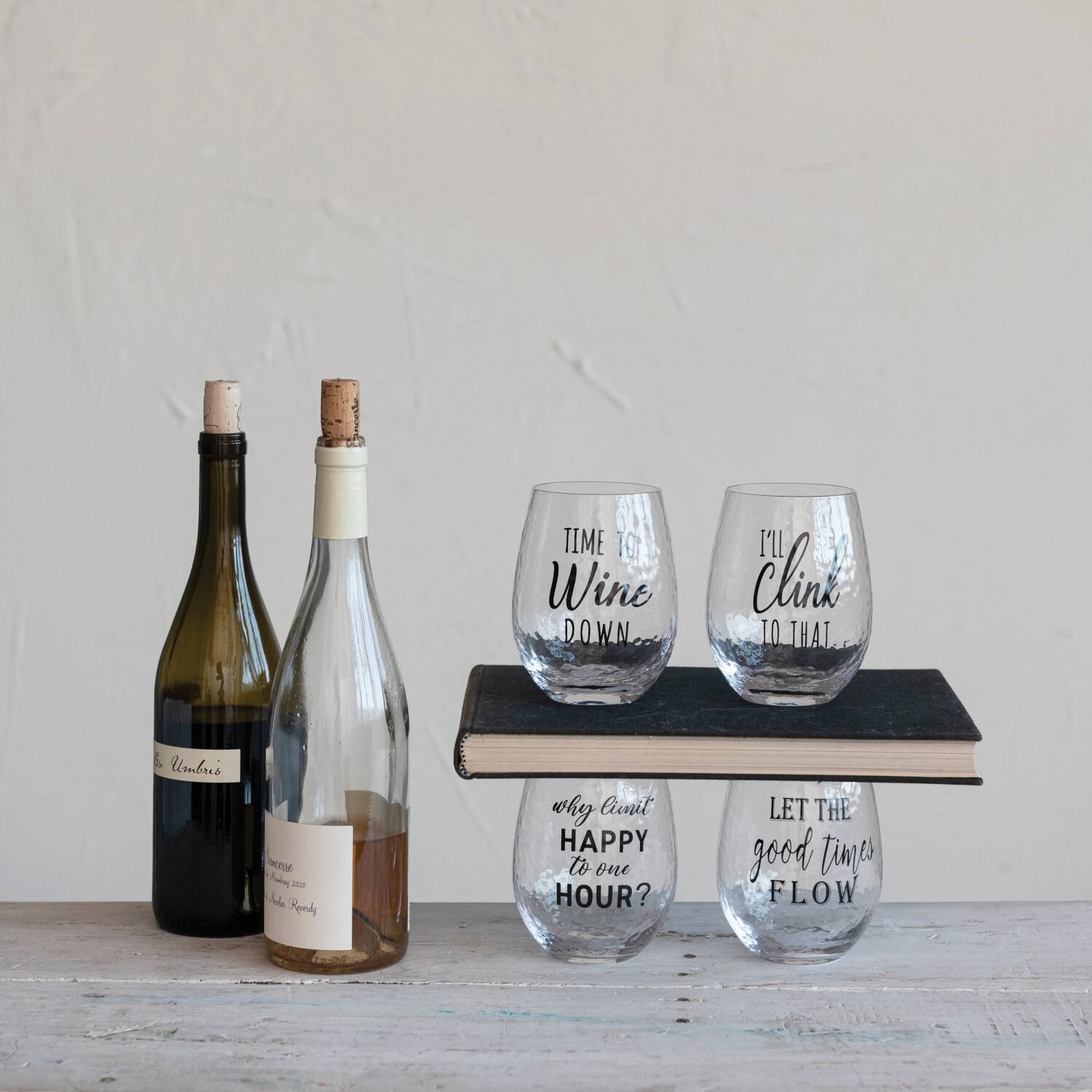 Hello Honey&#xAE; Happy Hour Sayings Stemless Wine Glasses Set