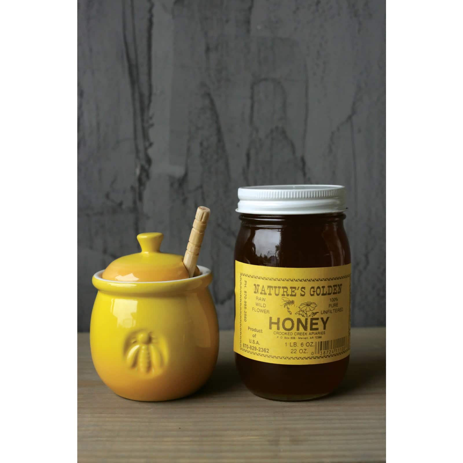 4&#x22; Yellow Ceramic Honey Pot &#x26; Wood Dipper