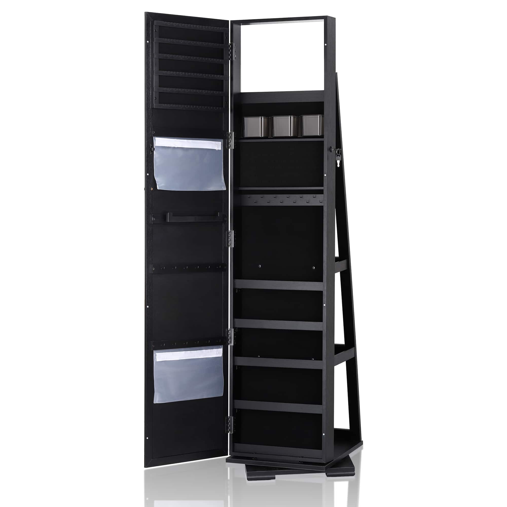NEX&#x2122; Black 360 Degree Rotatable Jewelry Armoire with Free-Standing Mirror