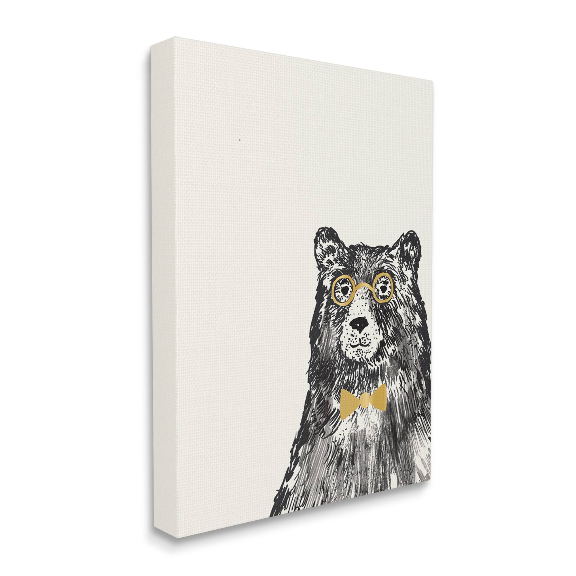 Stupell Industries Black Bear Golden Glasses Bow Tie Kids' Animal Canvas Wall Art