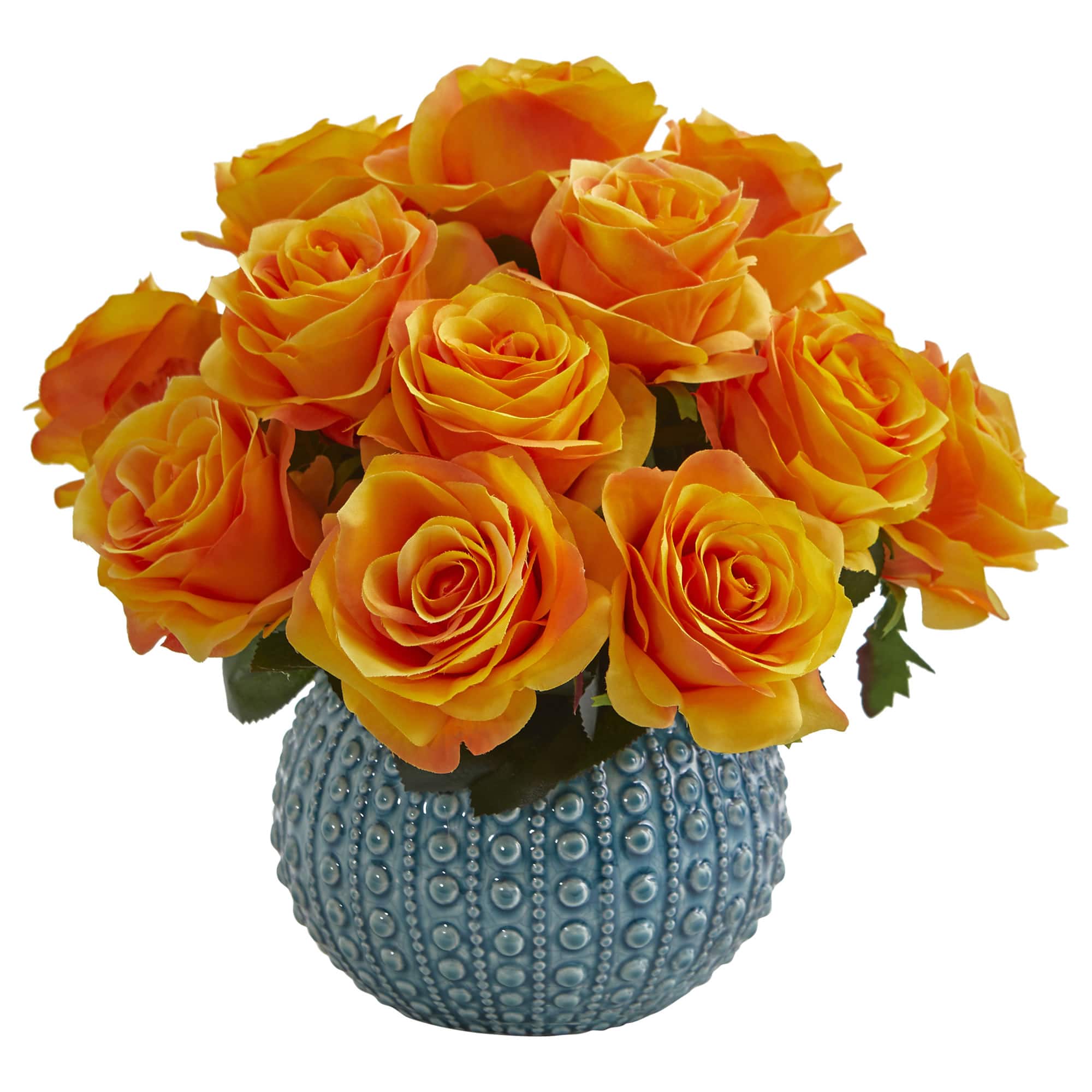 11.5" Orange Rose Arrangement in Blue Ceramic Vase