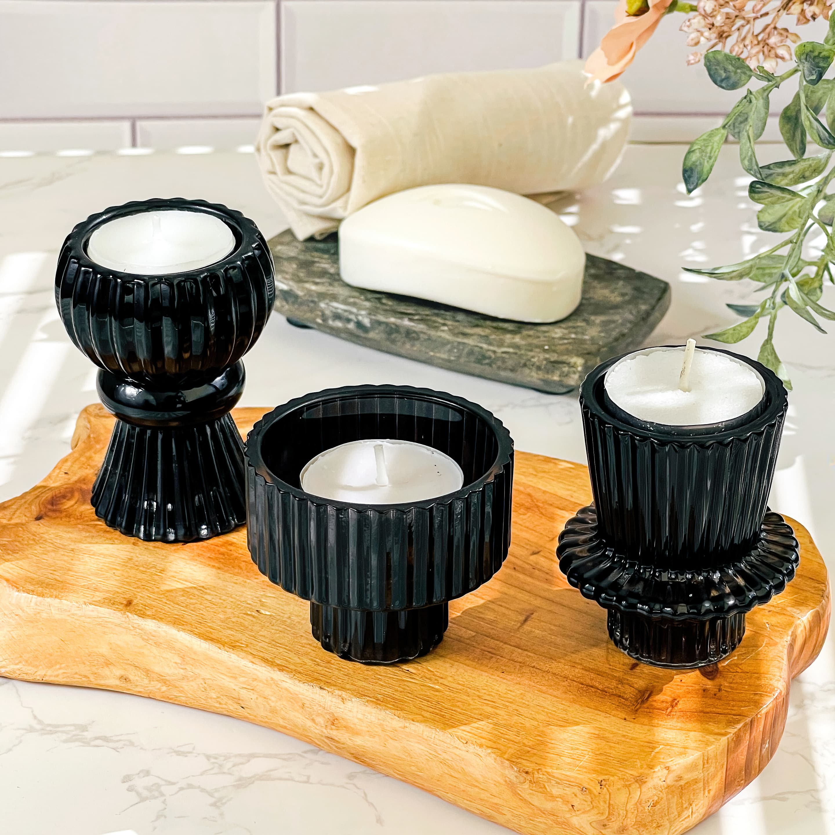Kate Aspen® Assorted Vintage Ribbed Black Glass Candlestick Candle Holder Set