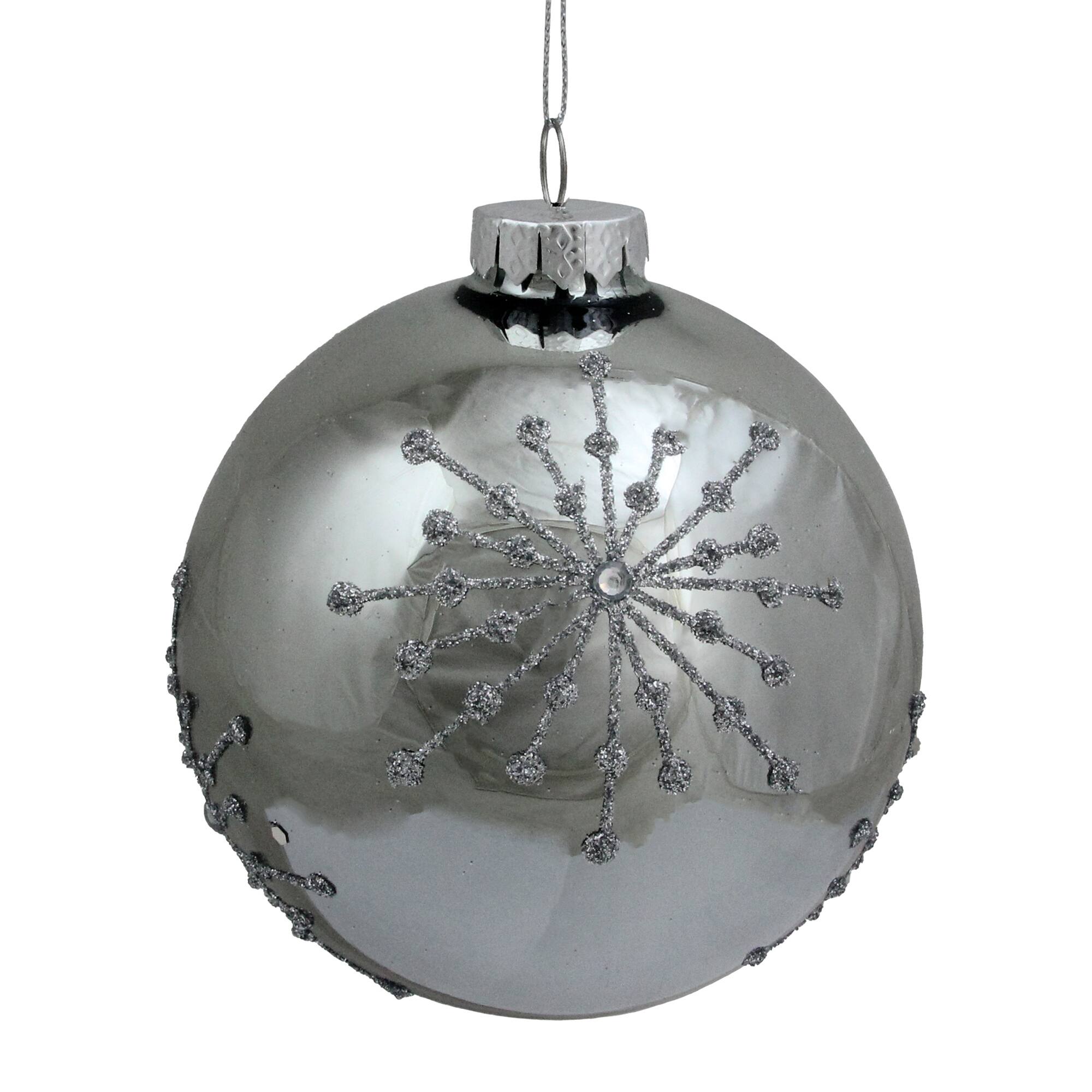 4&#x22; Shiny Silver Mirrored Glitter Snowflakes Ball Ornament