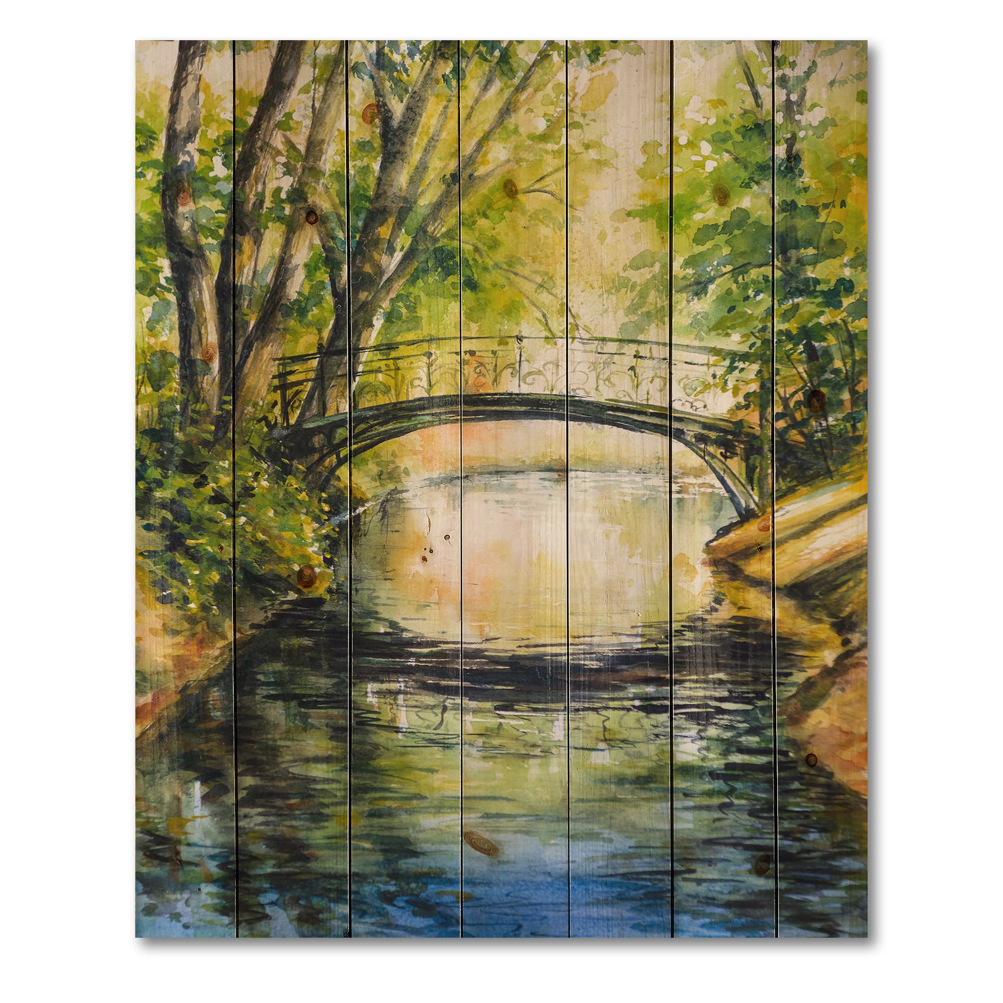 Designart - Bridge Over Troubled Water In Forest Park - Lake House Print on Natural Pine Wood