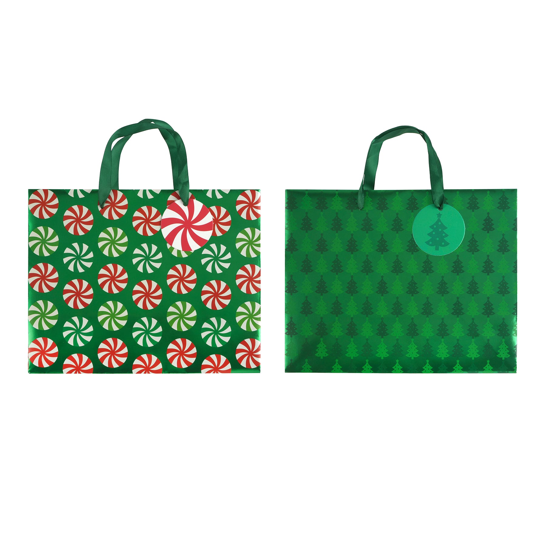 10&#x22; Round Peppermint &#x26; Christmas Tree Print Gift Bag Set by Celebrate It&#xAE;