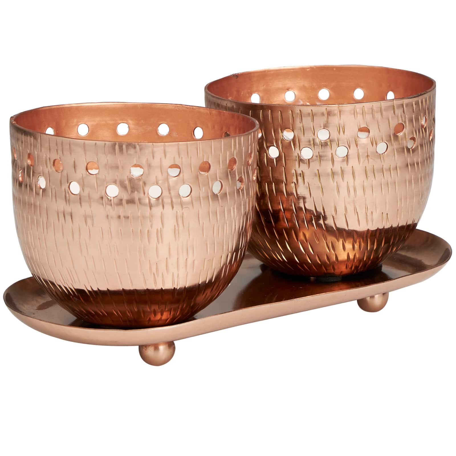 White Wax Sauvignon Blanc Scented Candle Set with Cutout Spotted Copper Container and Oval Holding Tray