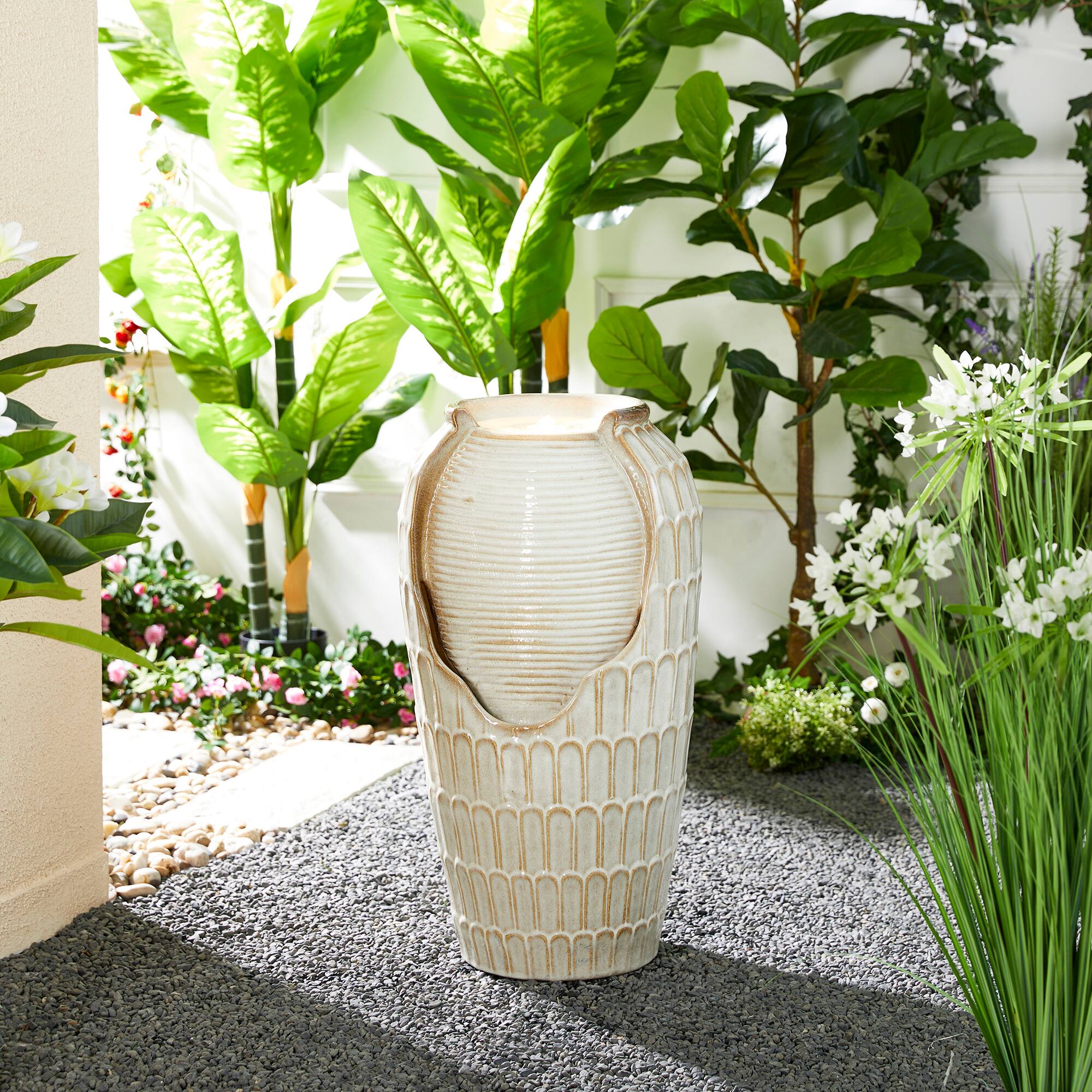 Glitzhome® 28.25" LED Petals Textured Ceramic Jar Outdoor Floor Fountain