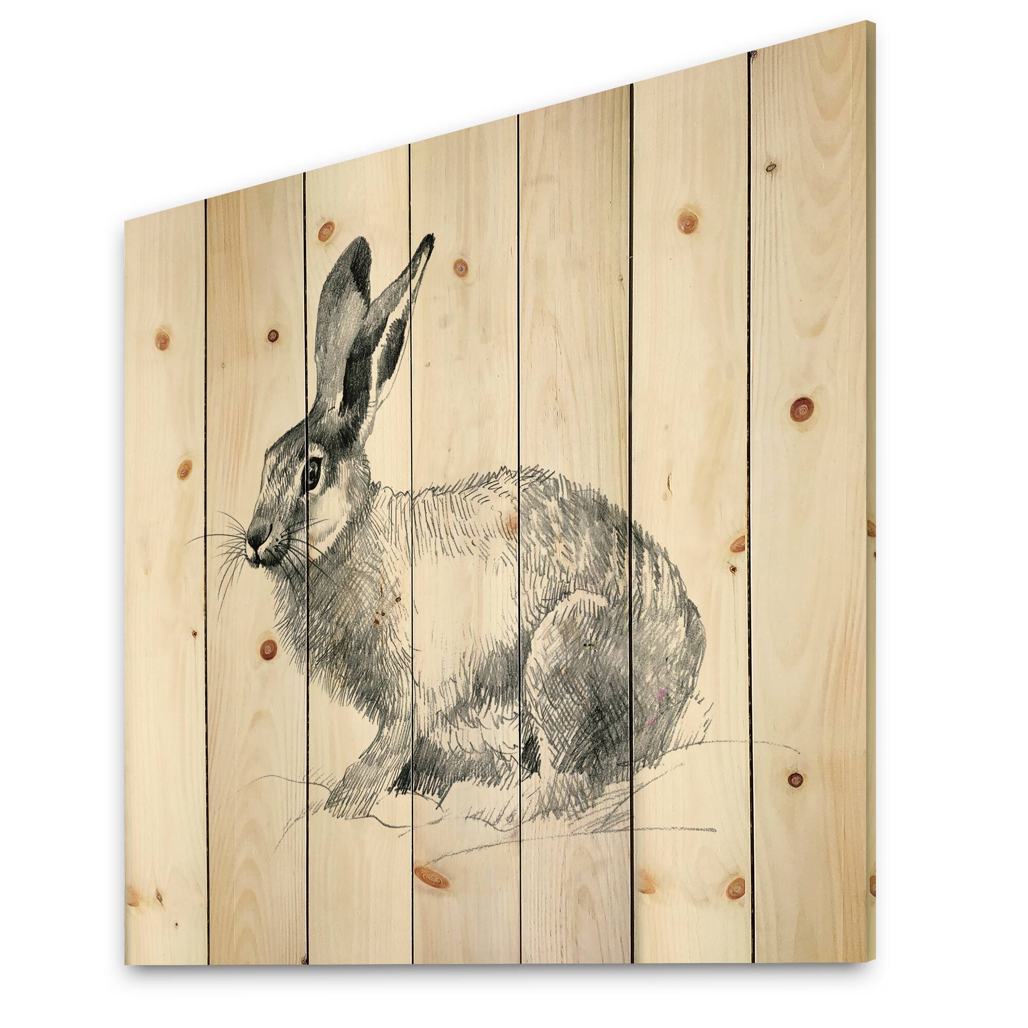 Designart - Monochrome Portrait Of Rabbit - Farmhouse Print on Natural Pine Wood