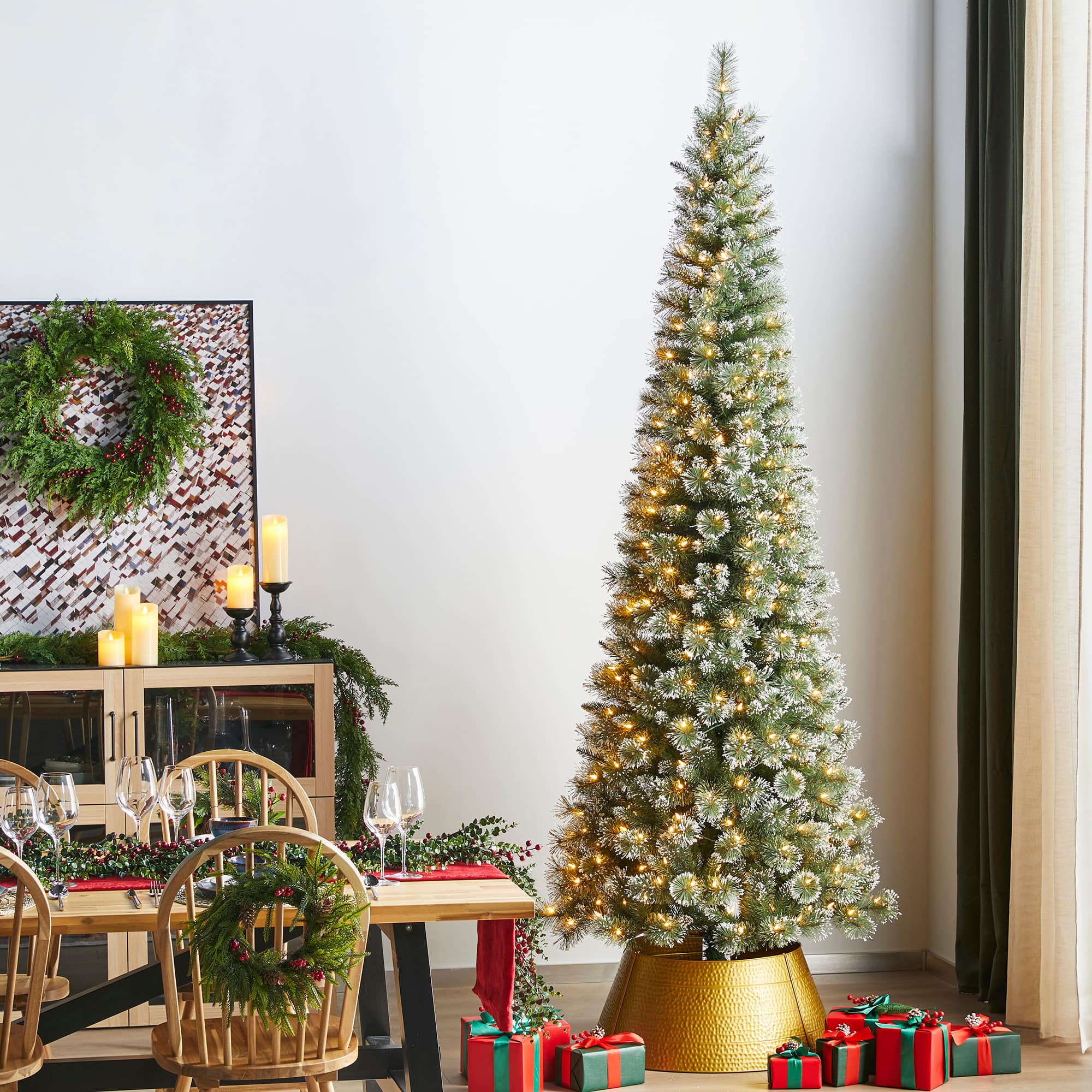 Glitzhome&#xAE; 9ft Pre-Lit Frosted Cashmere Pencil Pine Artificial Christmas Tree, Multicolor LED Lights