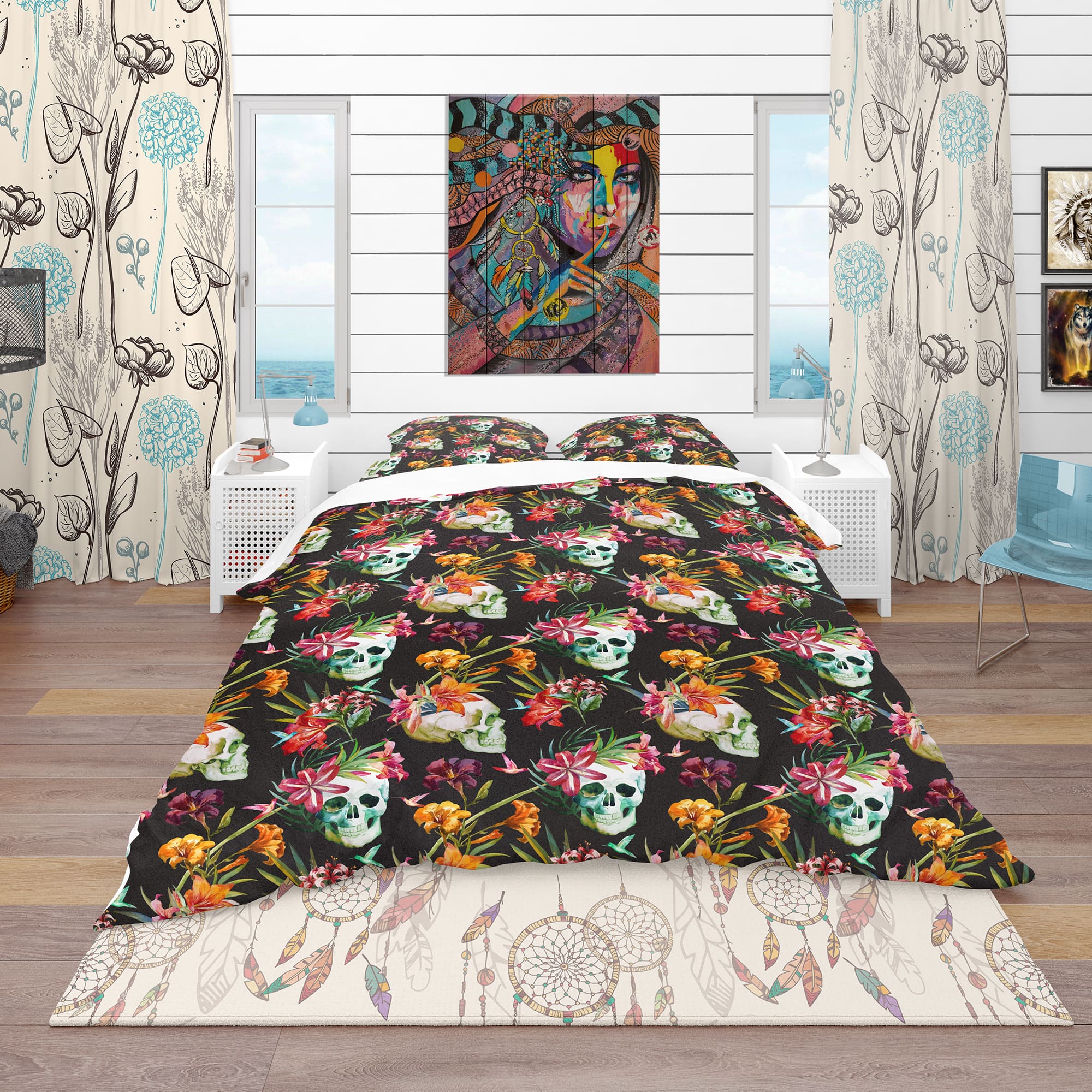 Designart &#x27;Skull and Flowers&#x27; Bohemian &#x26; Eclectic Bedding Set - Duvet Cover &#x26; Shams