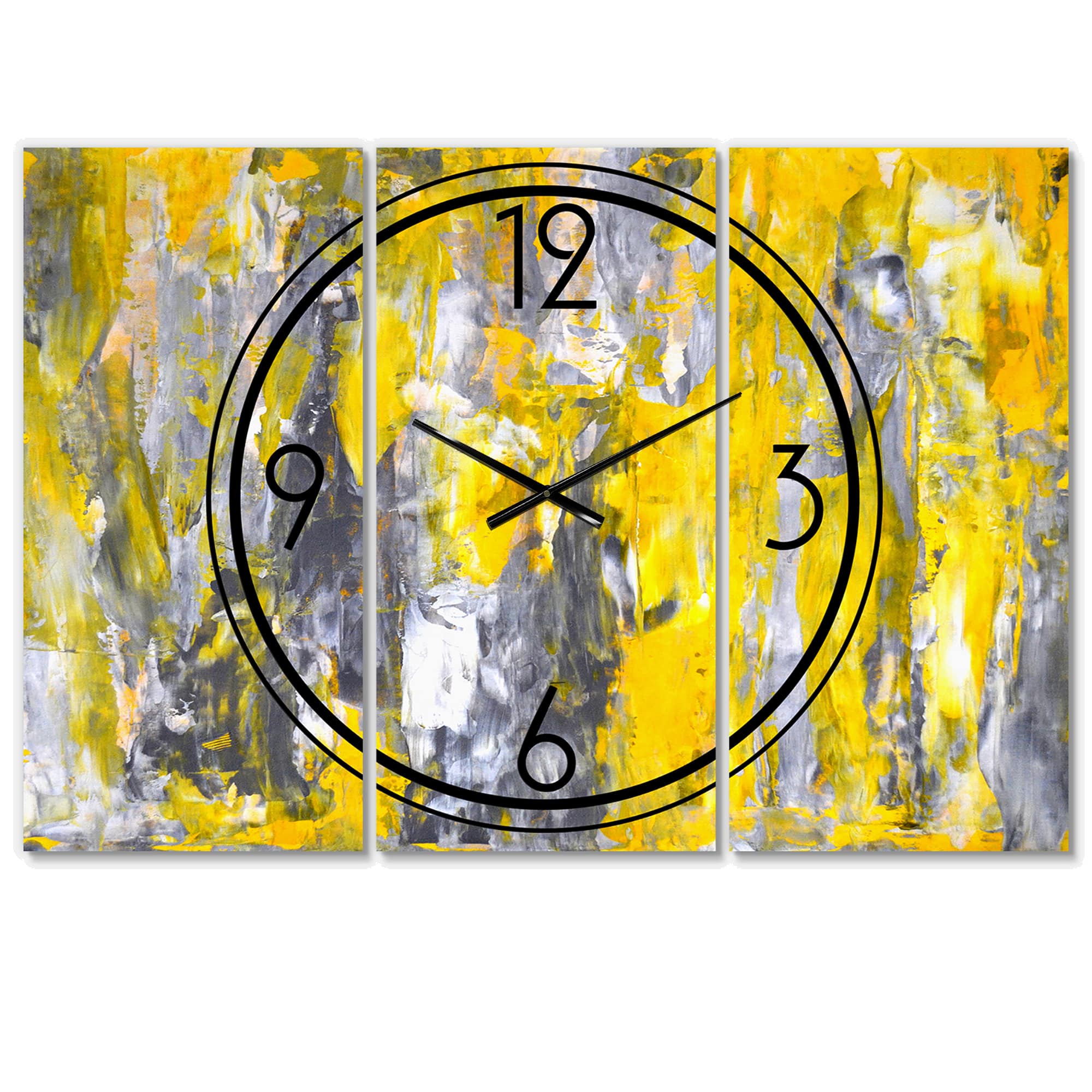 Designart Gray &#x26; Yellow Abstract Pattern Modern 3 Panel Wall Clock