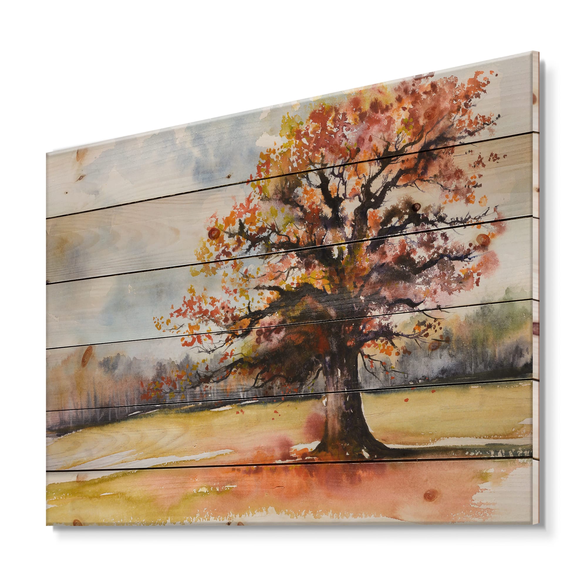 Designart - Lone Oak In The Fields With Autum Leaves - Traditional Print on Natural Pine Wood