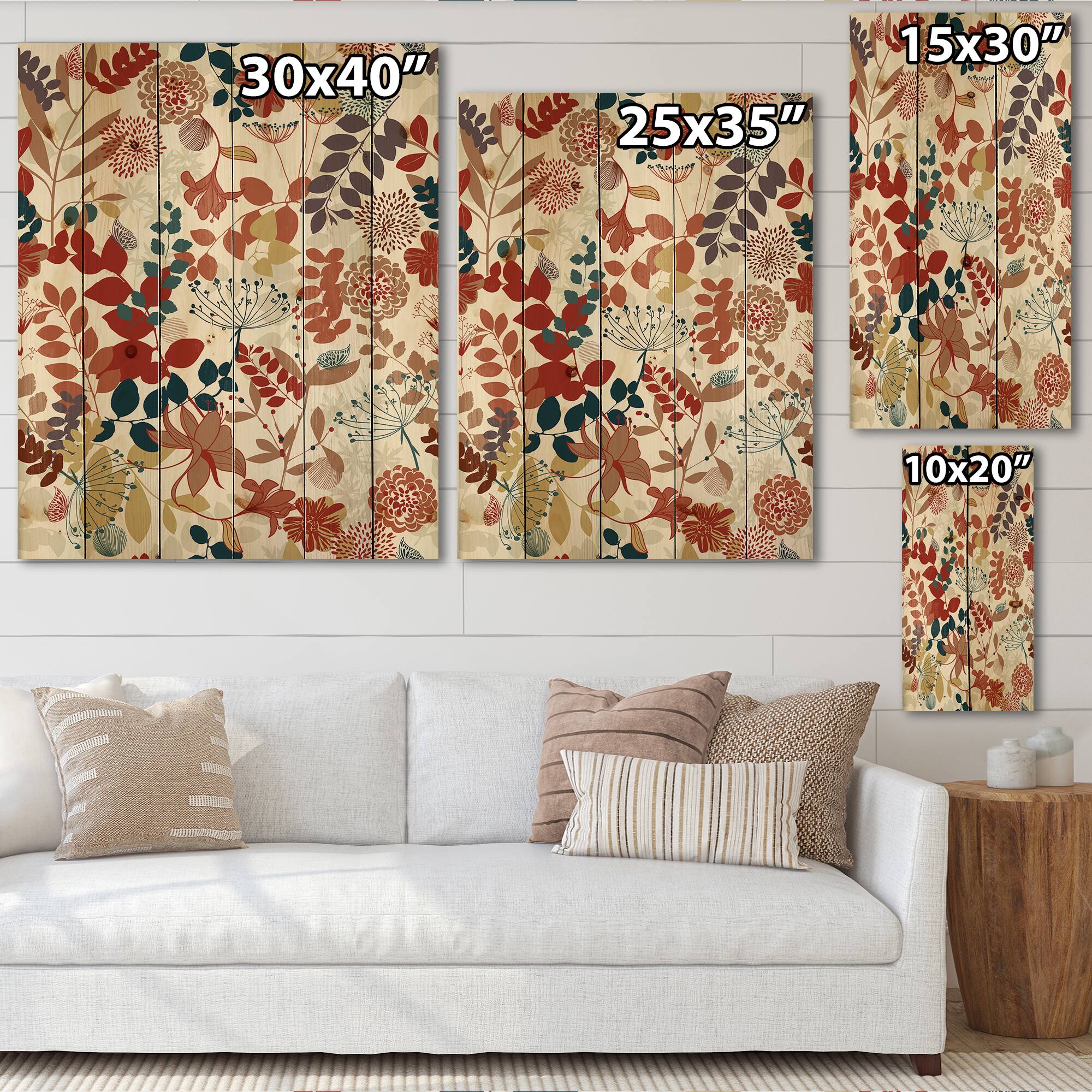 Designart - Retro Botanical Garden - Bohemian & Eclectic Print on Natural Pine Wood