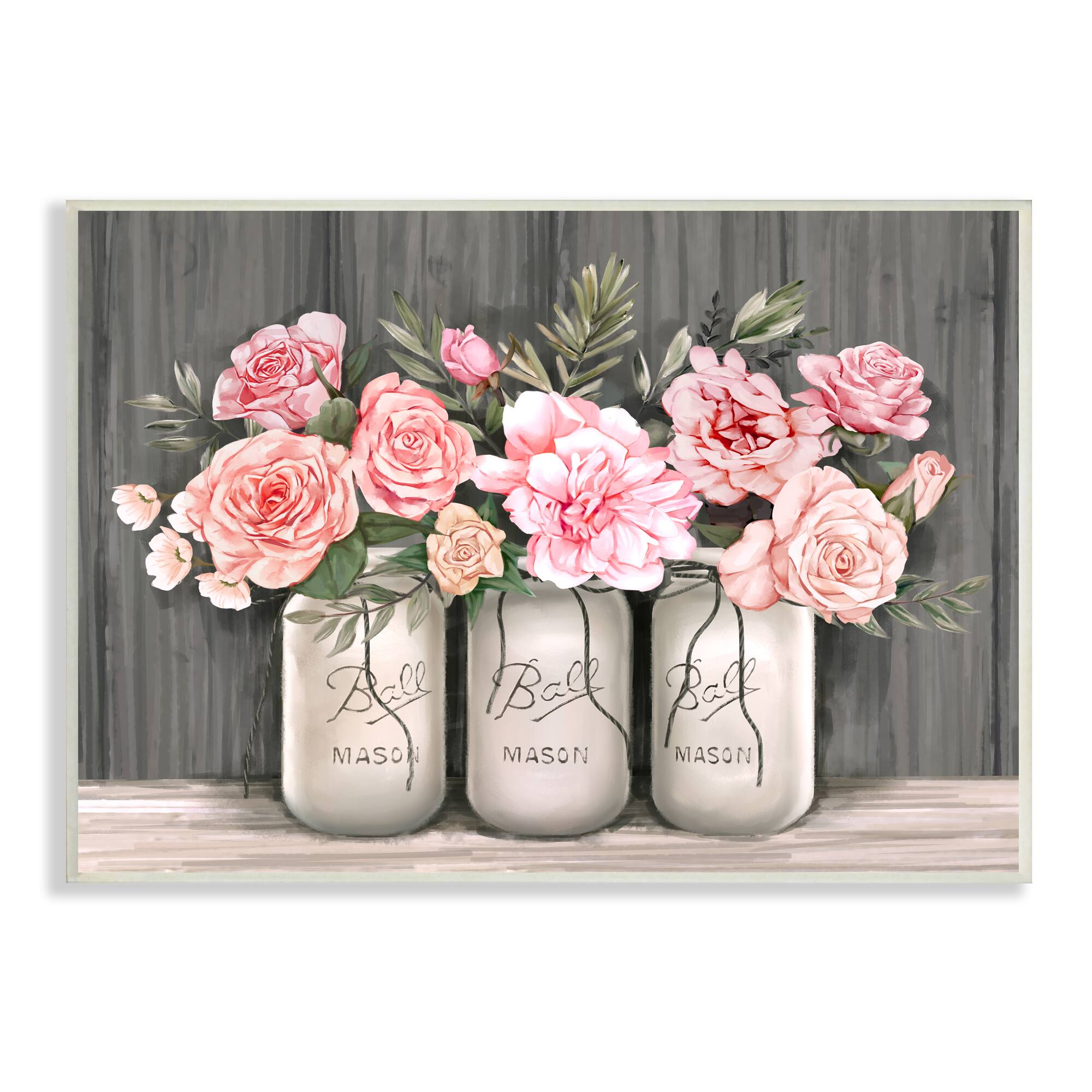 Stupell Industries Blossoming Pink Rose Bouquets Rustic Country Jars Wall Plaque
