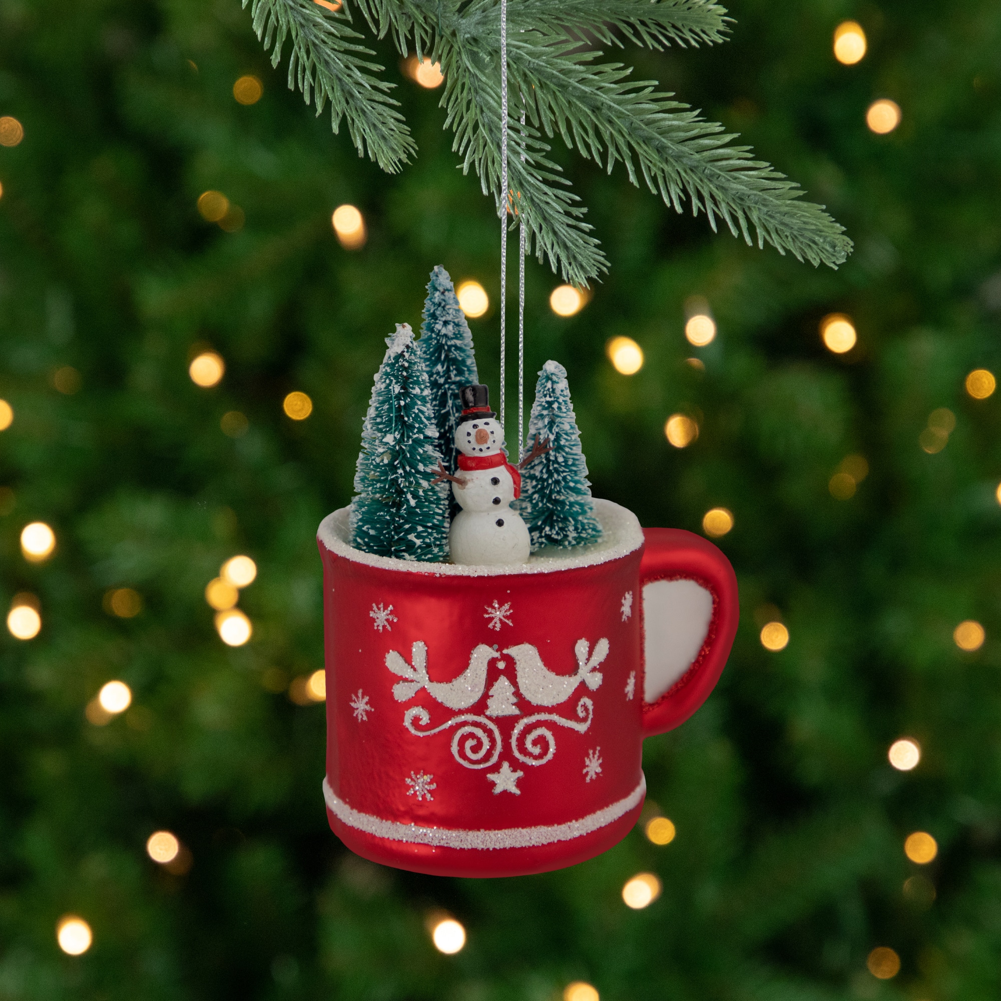 4.25" Christmas Trees & Snowman in a Cup Glass Ornament