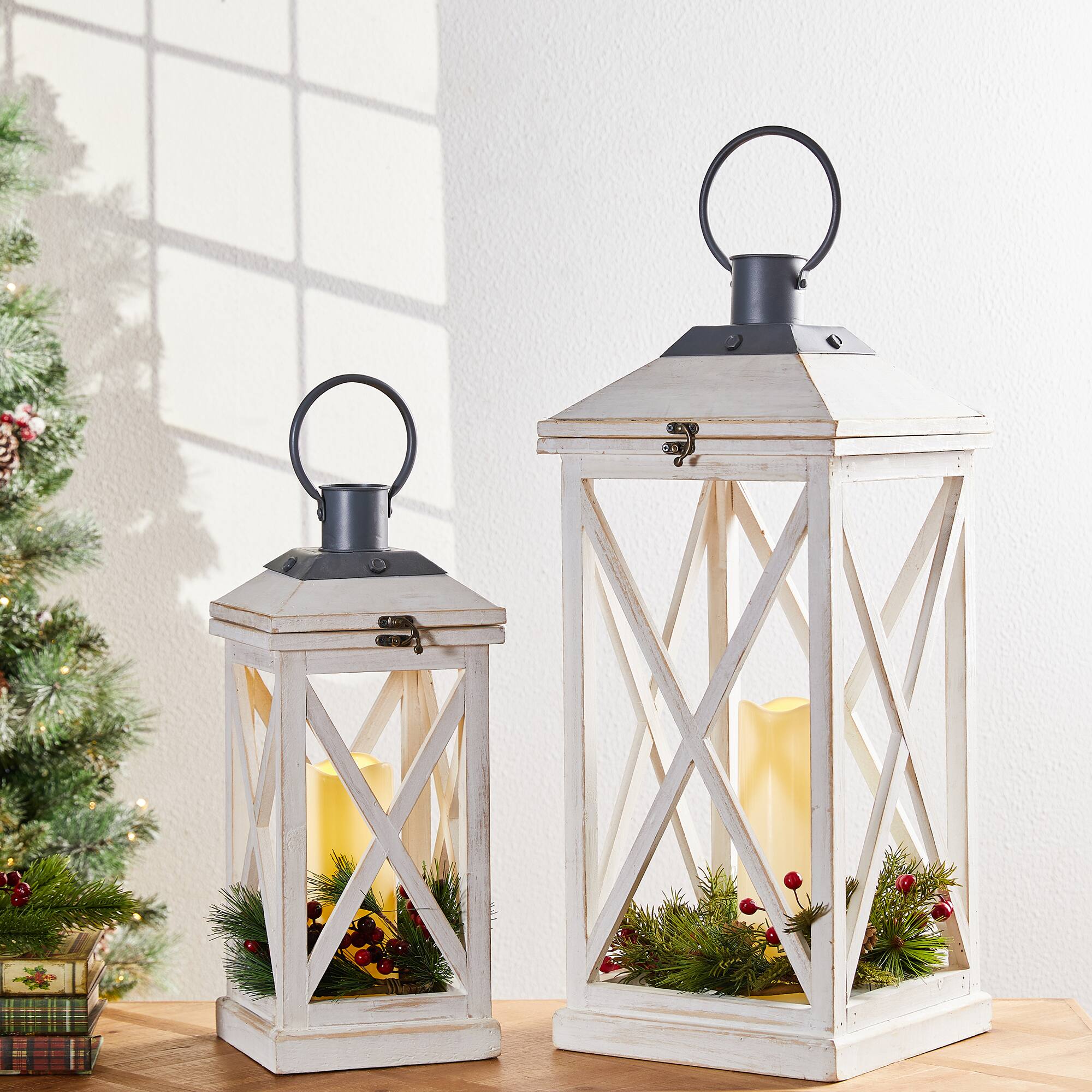 Modern Farmhouse White Wooden Lantern Set, 24" & 17"
