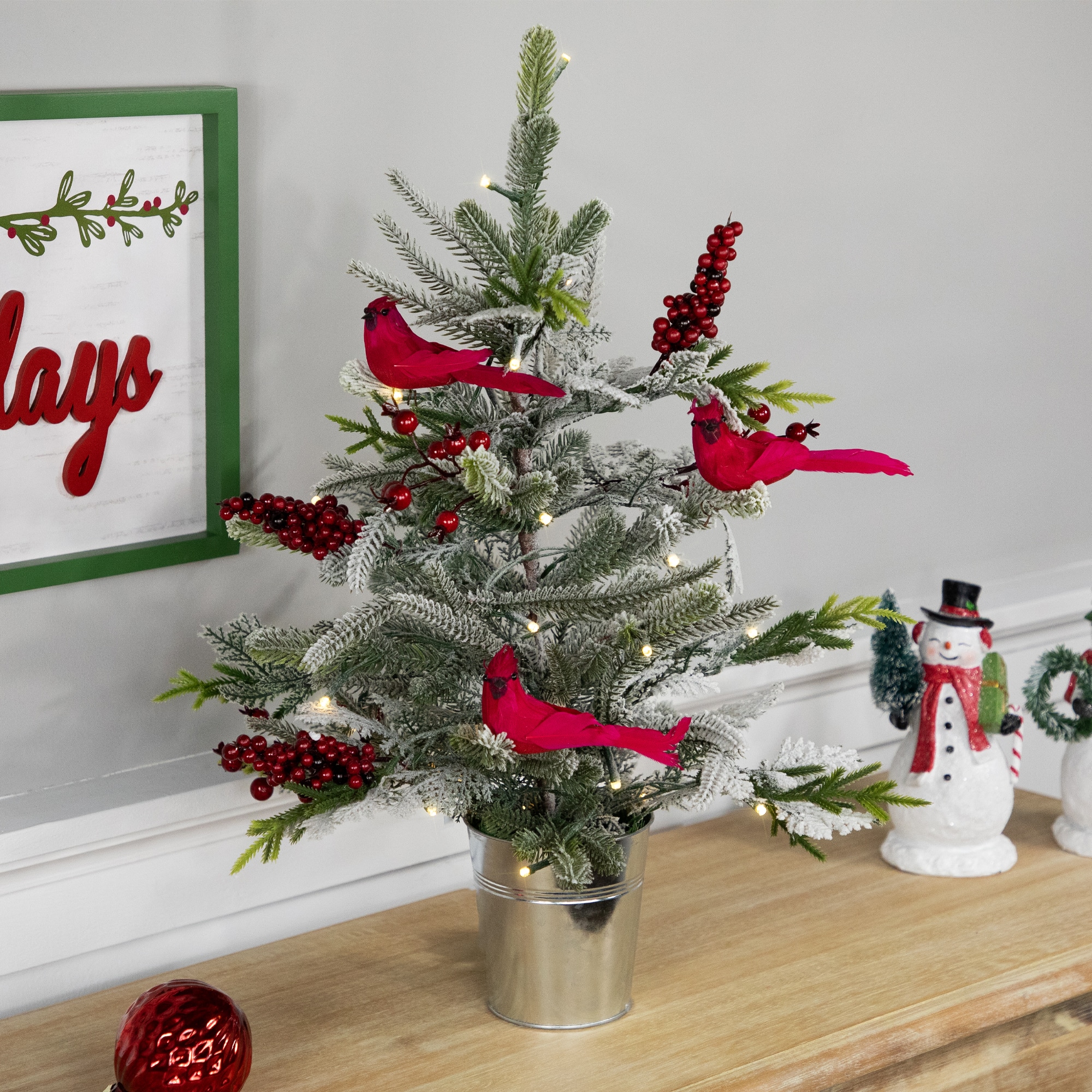 2ft. Pre-Lit Potted Frosted Mixed Pine with Cardinals Christmas Tree, Warm White LED Lights