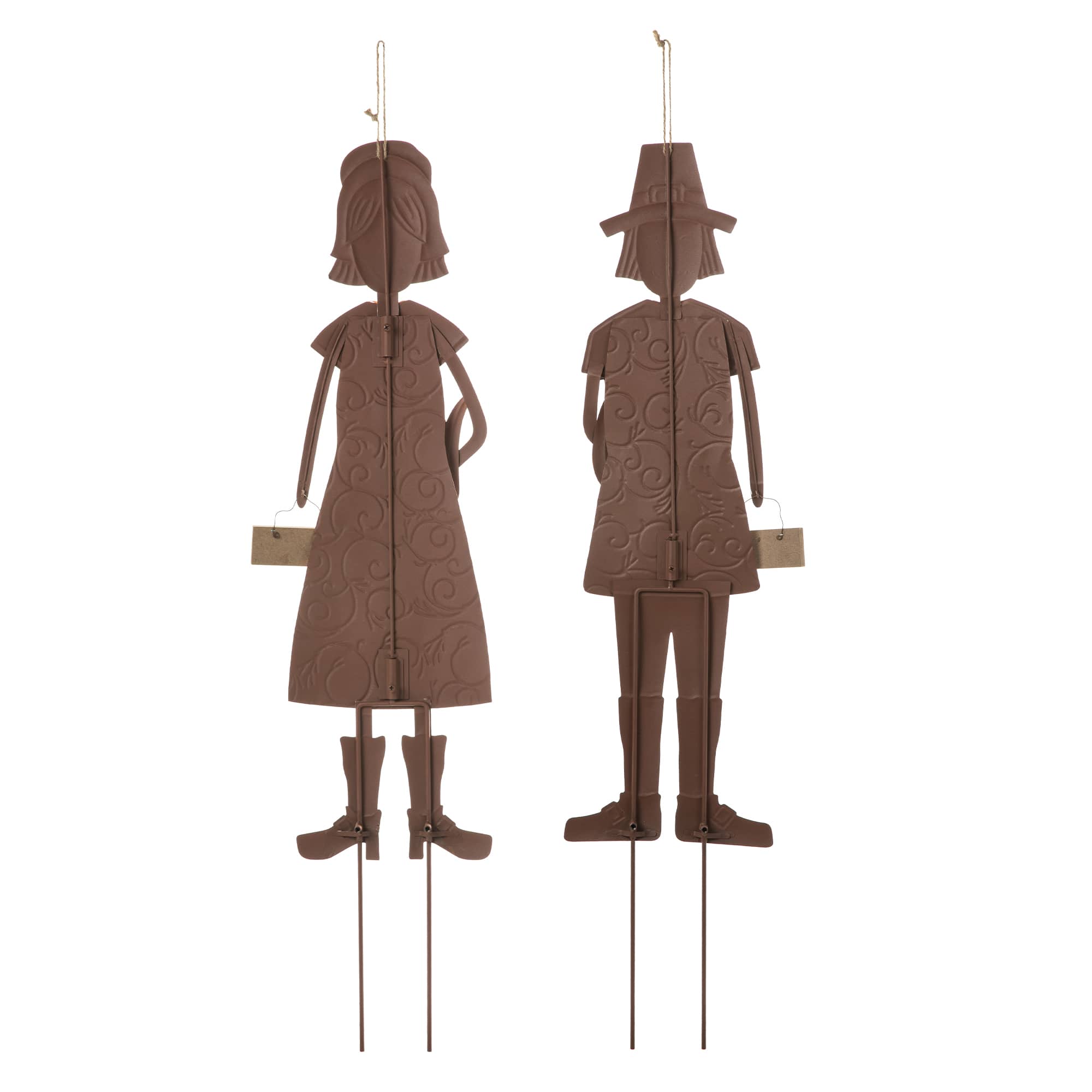 Glitzhome® Metal Thanksgiving Pilgrim Hanging Or Standing Yard Stake Set
