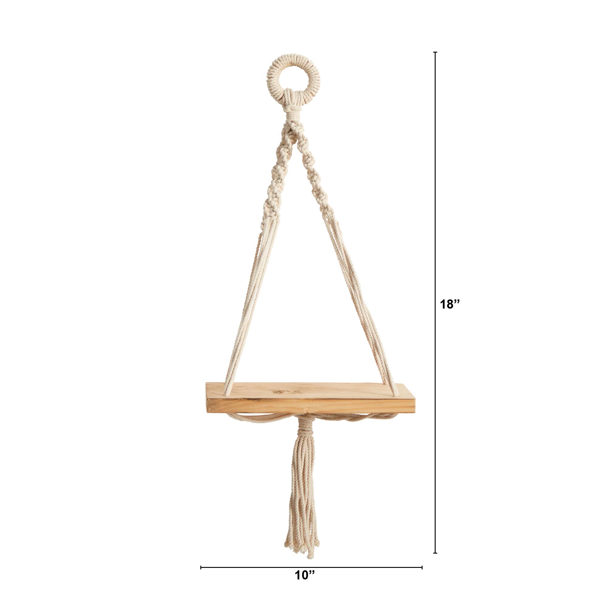 18&#x22; Boho Chic Wood Macrame Single Shelf Wall Art Decor