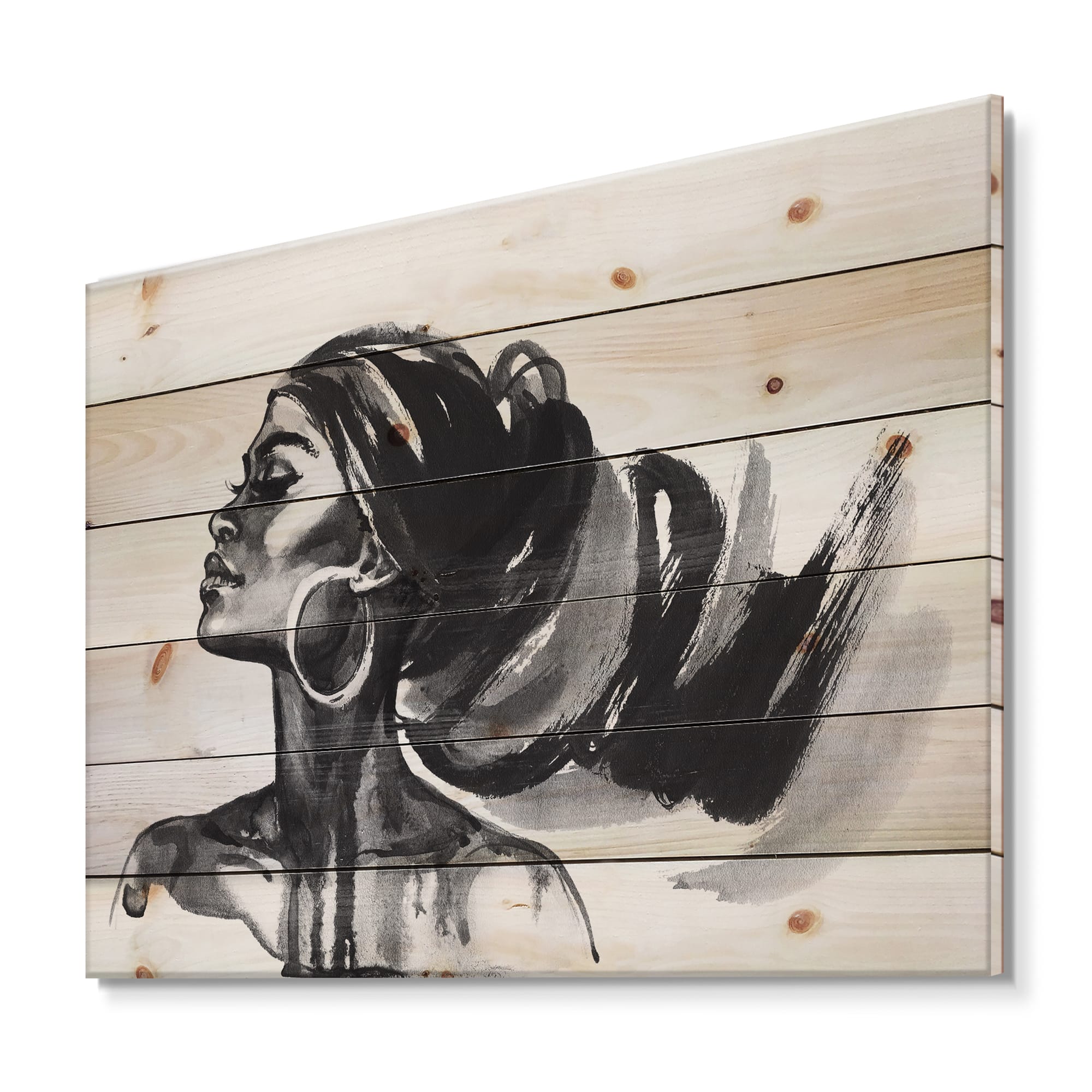 Designart - Monochrome Portrait of African American Woman IV - Modern Print on Natural Pine Wood