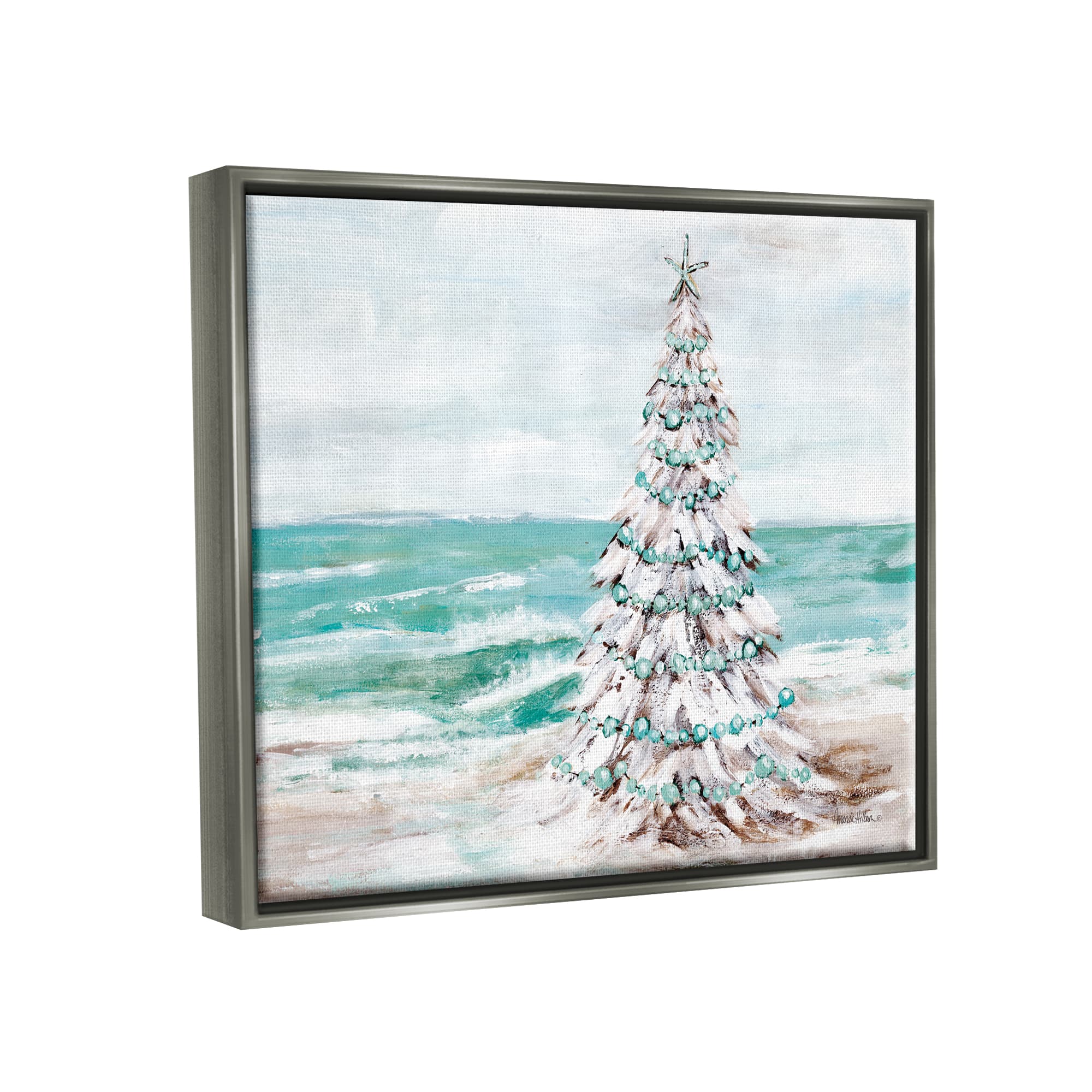 Stupell Industries Snowy Christmas Tree Beach Shore Framed Floater Canvas Wall Art