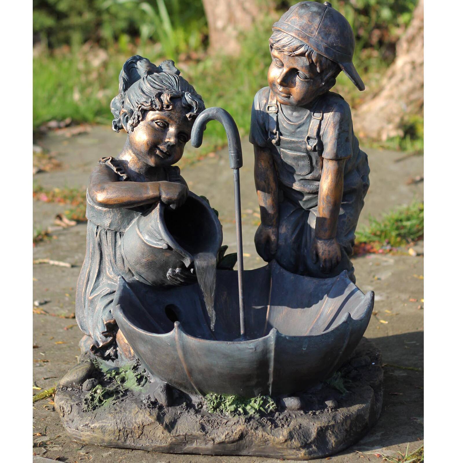 23.5&#x22; Bronze Children with Umbrella Outdoor Garden Water Fountain