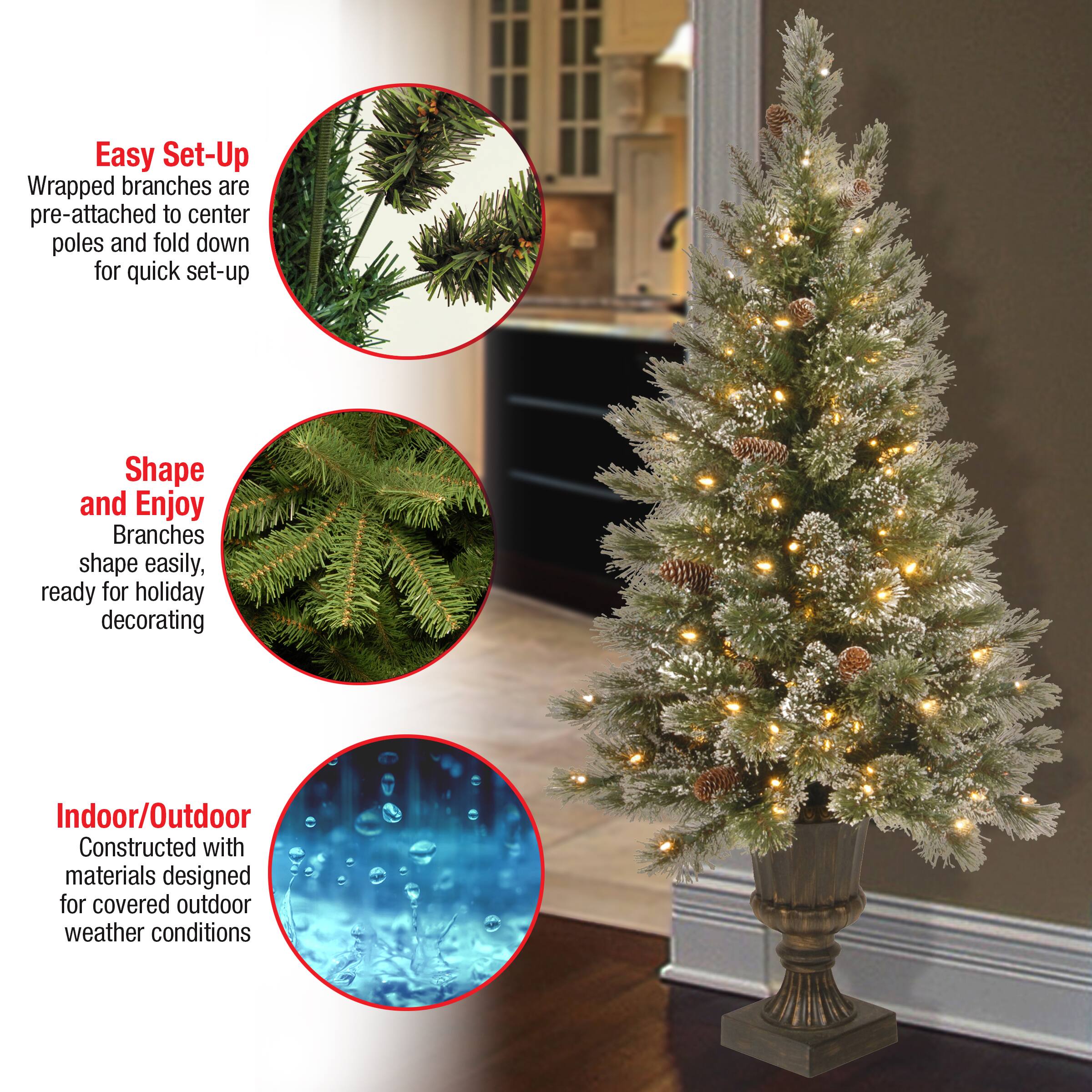 4ft. Pre-Lit Glittery Bristle® Pine Entrance Artificial Christmas Tree, Twinkly™ LED Lights