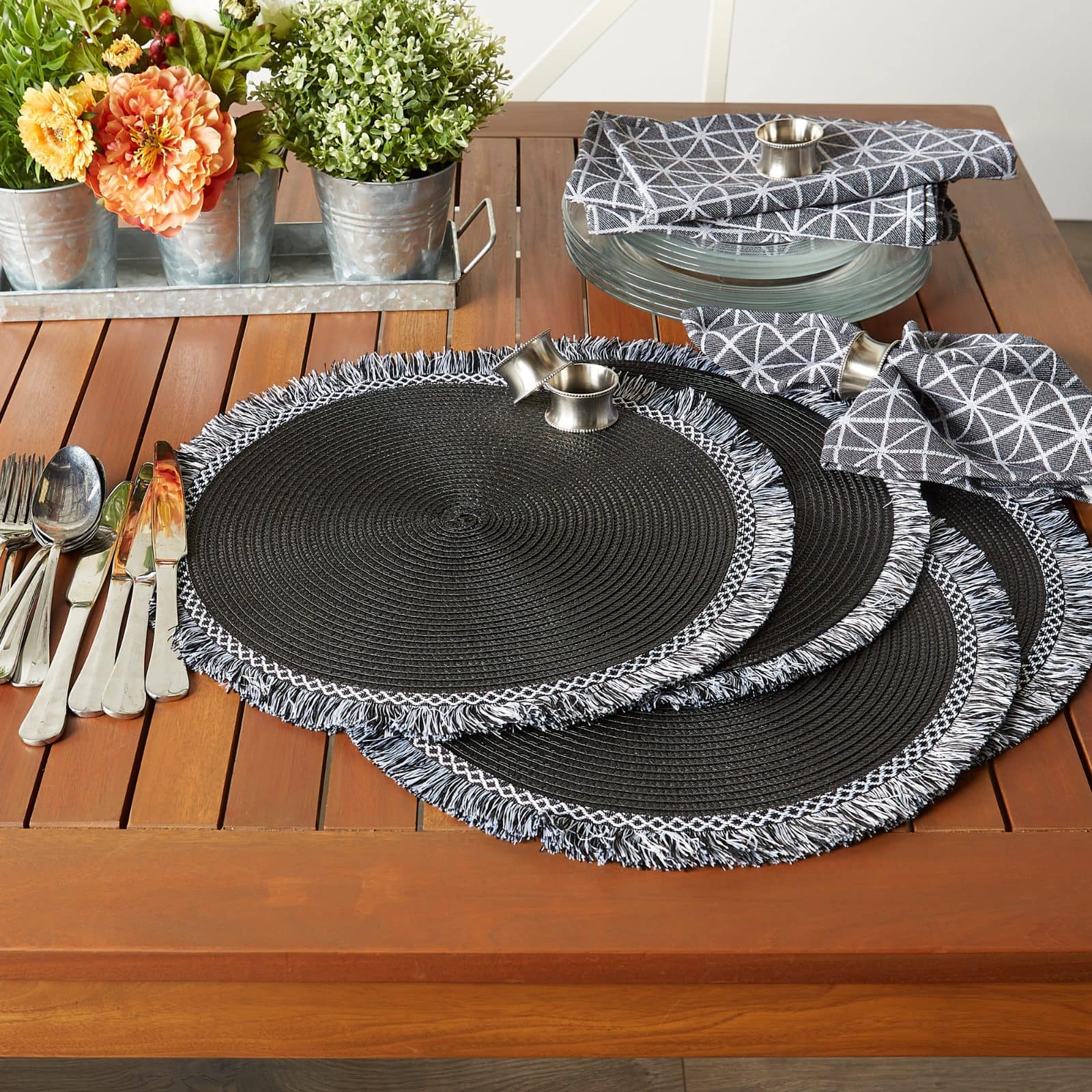 DII® 15" Round Black Fringed Placemat Set, 6ct.