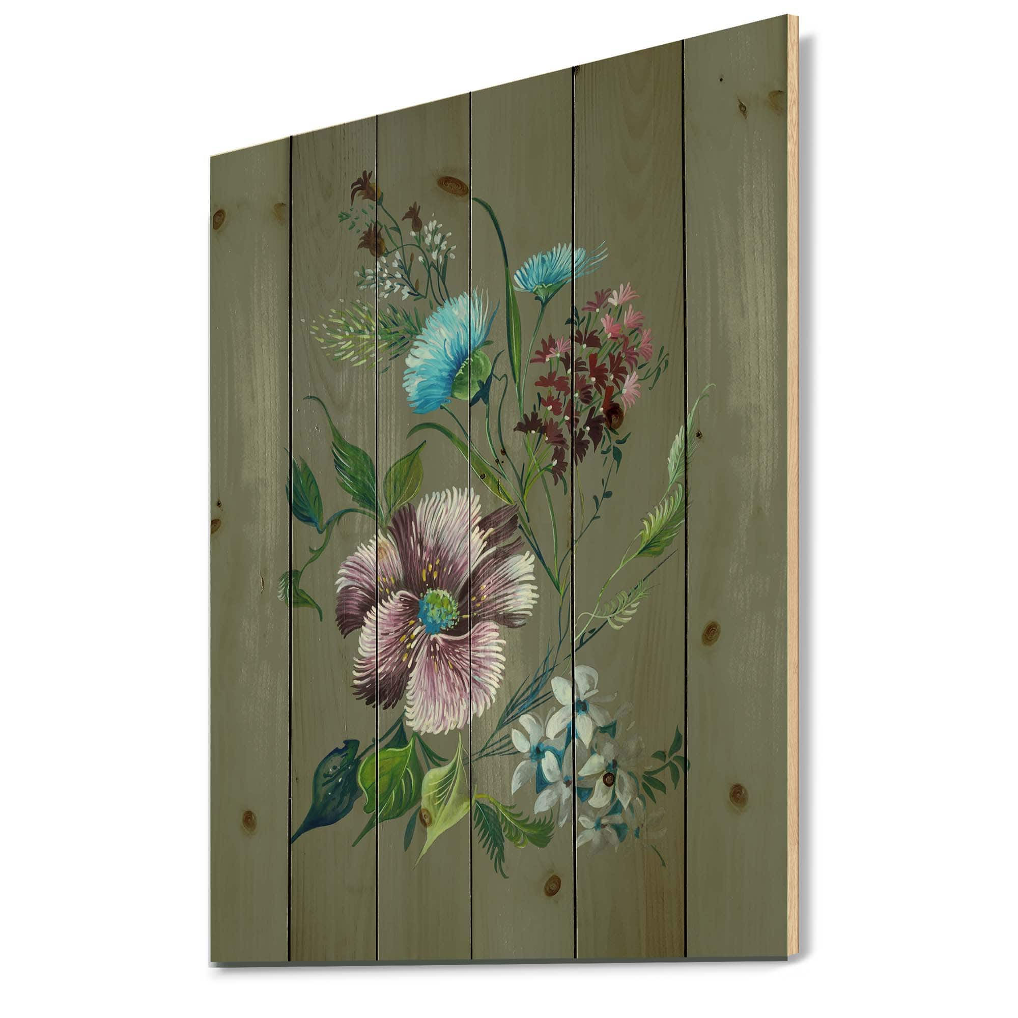 Designart - Purple and Turquoise Spring Flowers - Traditional Print on Natural Pine Wood