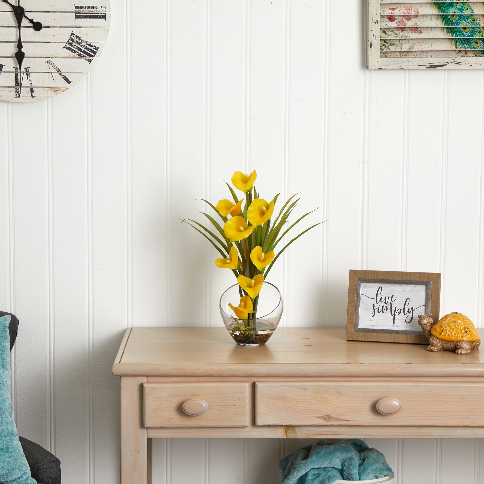 15.5" Yellow Calla Lily and Grass Arrangement in Vase